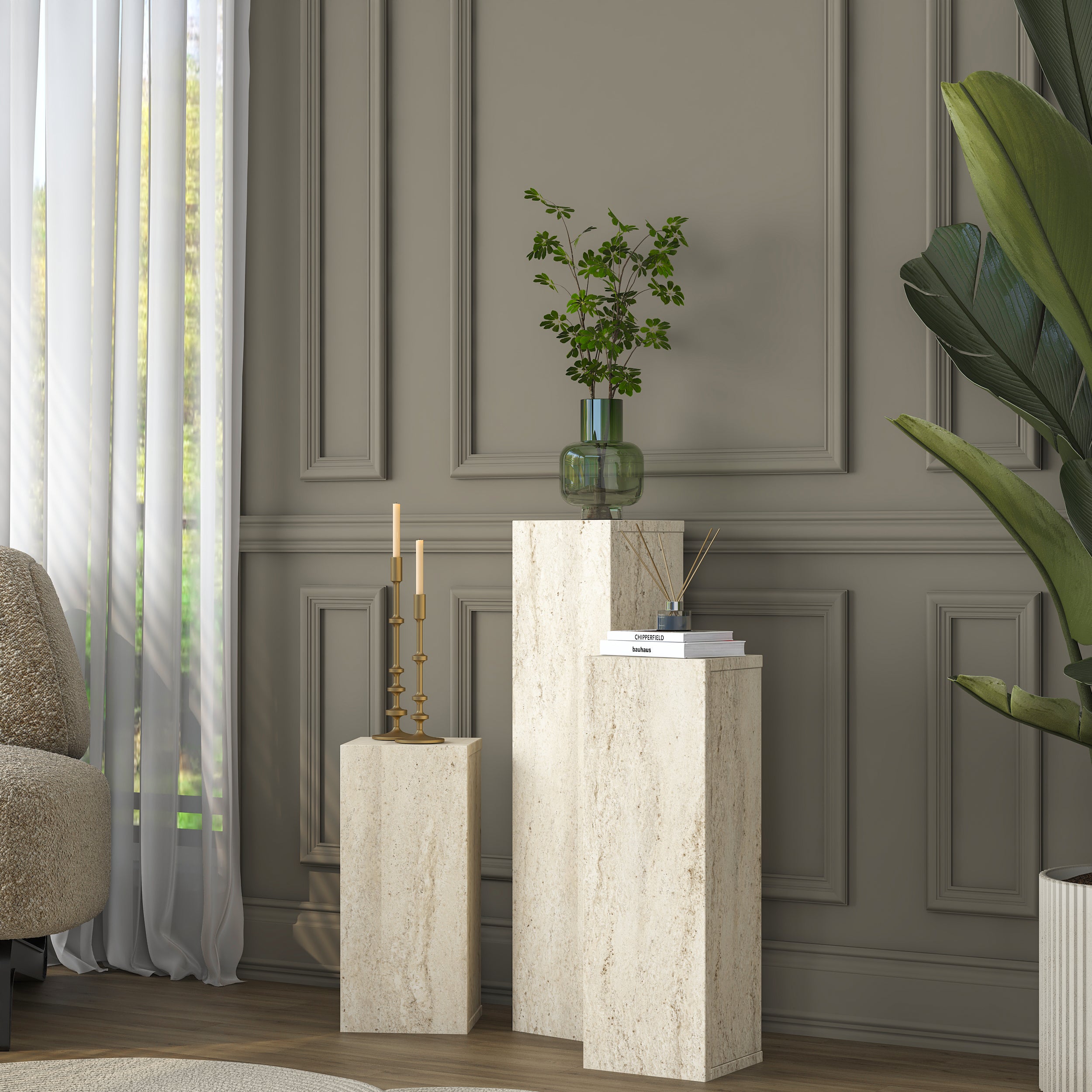 Rani AD106 Modern Gizli Bölmeli Sütun Yan Sehpa Takımı Traverten