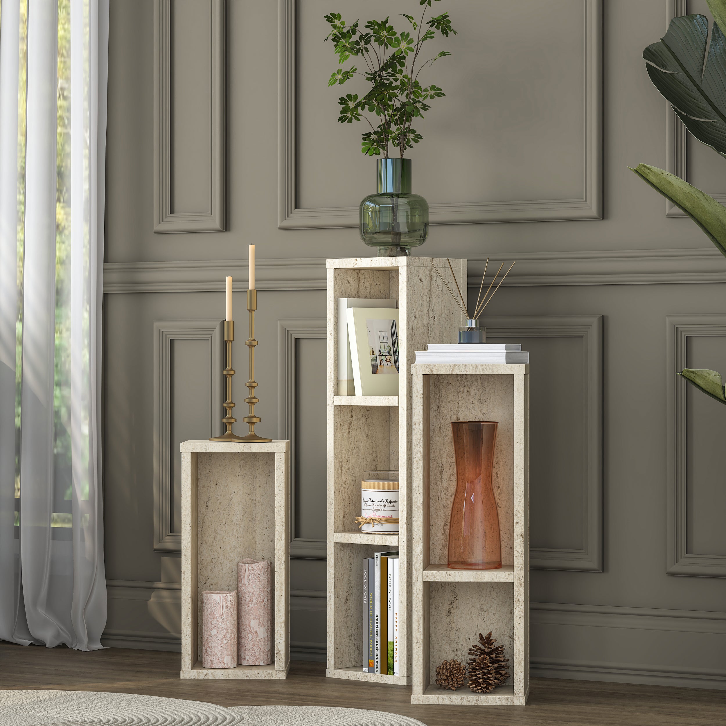 Rani AD106 Modern Gizli Bölmeli Sütun Yan Sehpa Takımı Traverten