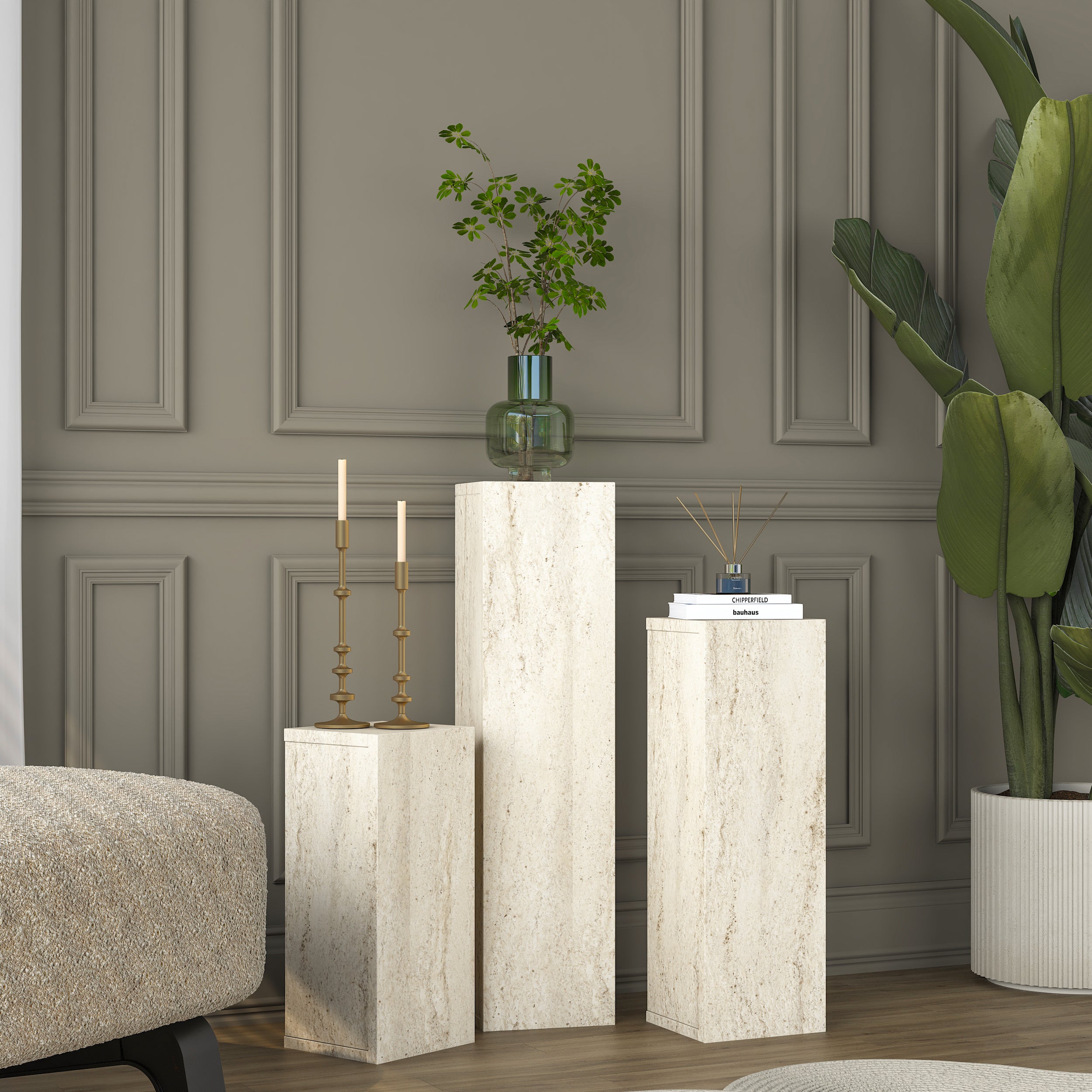 Rani AD106 Modern Gizli Bölmeli Sütun Yan Sehpa Takımı Traverten