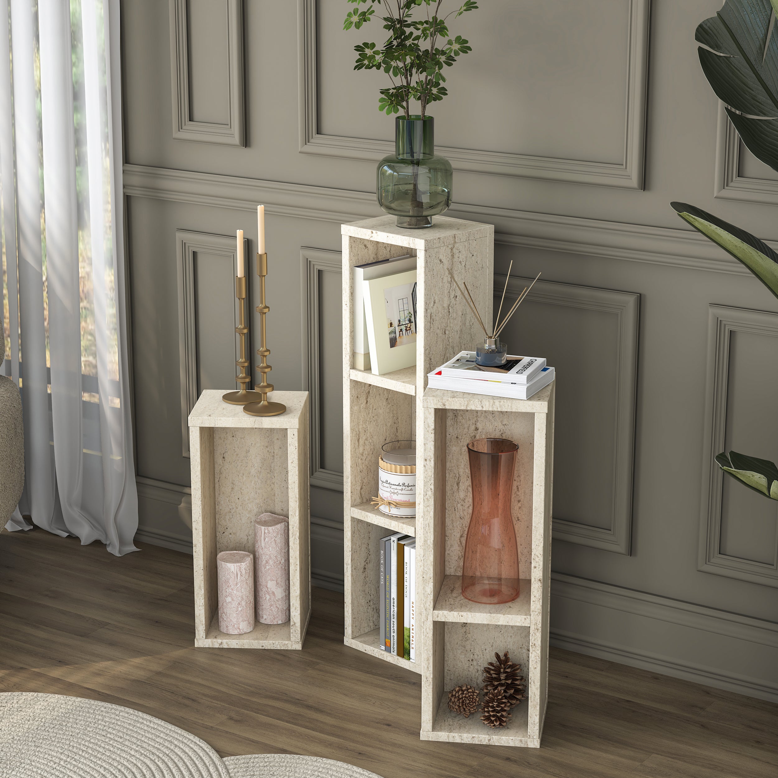 Rani AD106 Modern Gizli Bölmeli Sütun Yan Sehpa Takımı Traverten