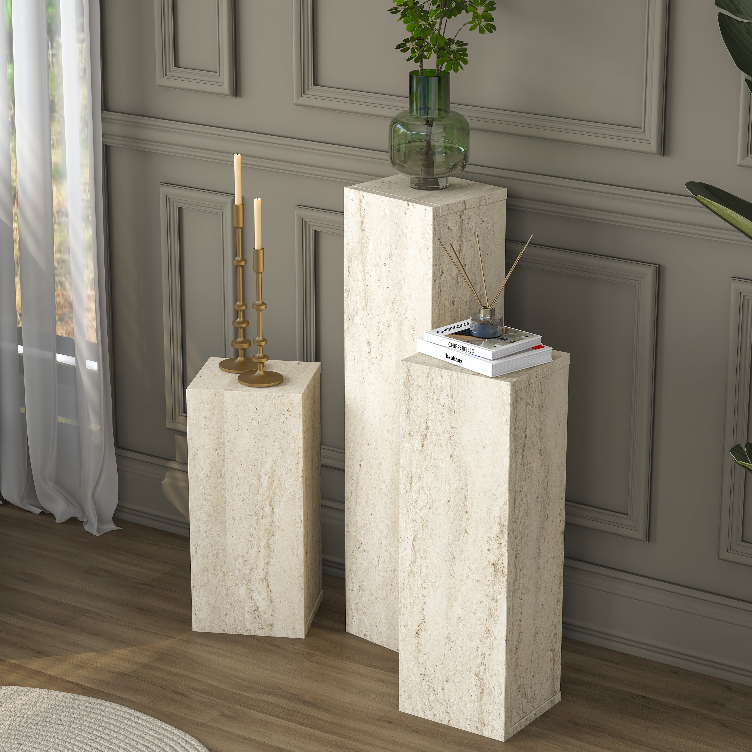 Rani AD106 Modern Gizli Bölmeli Sütun Yan Sehpa Takımı Traverten