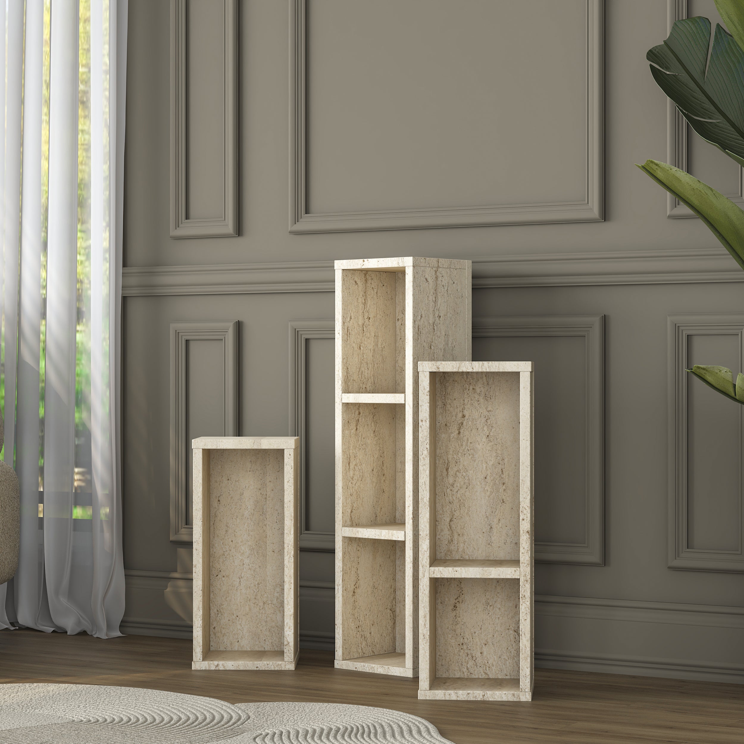 Rani AD106 Modern Gizli Bölmeli Sütun Yan Sehpa Takımı Traverten