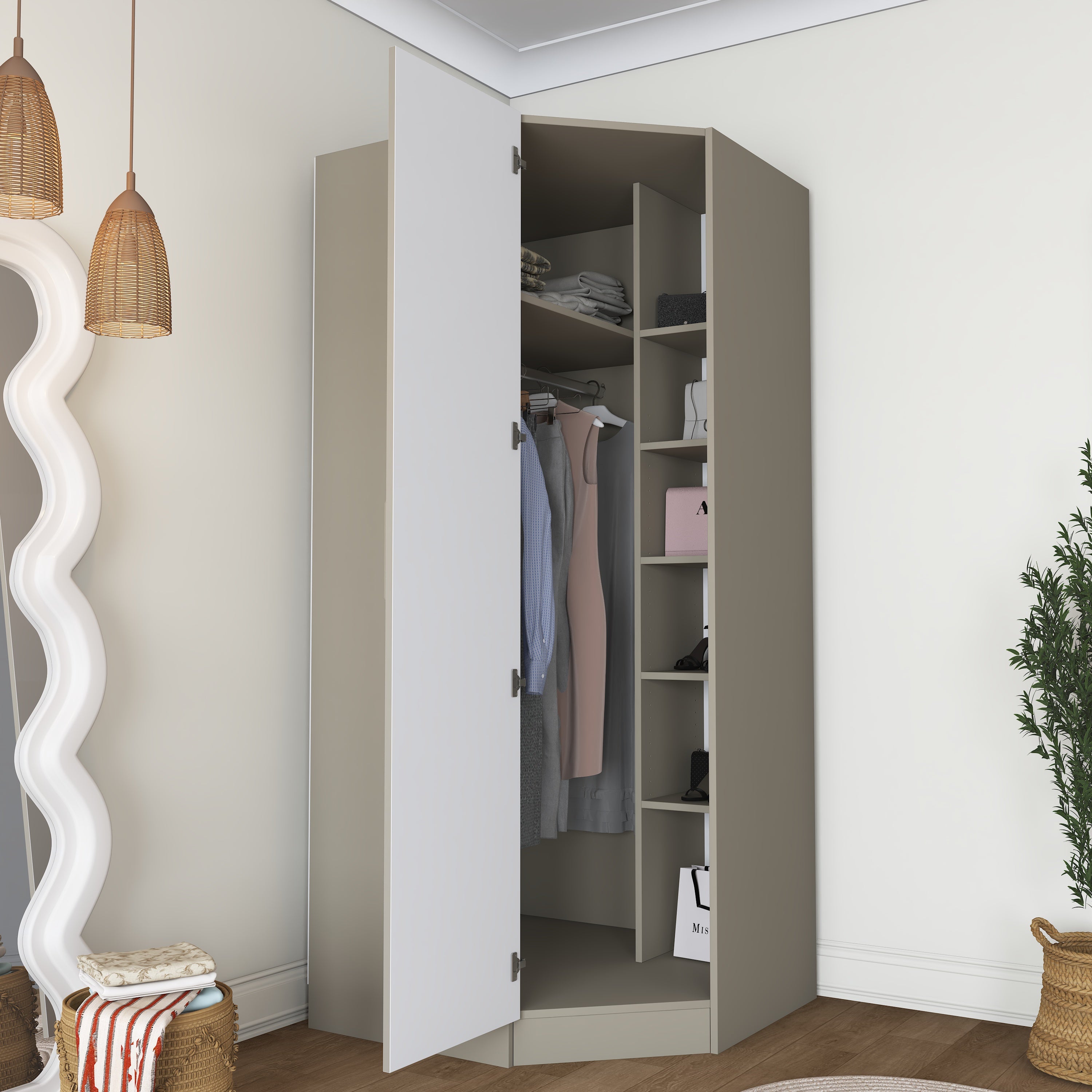 Rani BA311 Membran Kapaklı Köşe Modül Gardırop Tek Kapaklı 6 Raflı Askılı Elbise Dolabı Kumtaşı