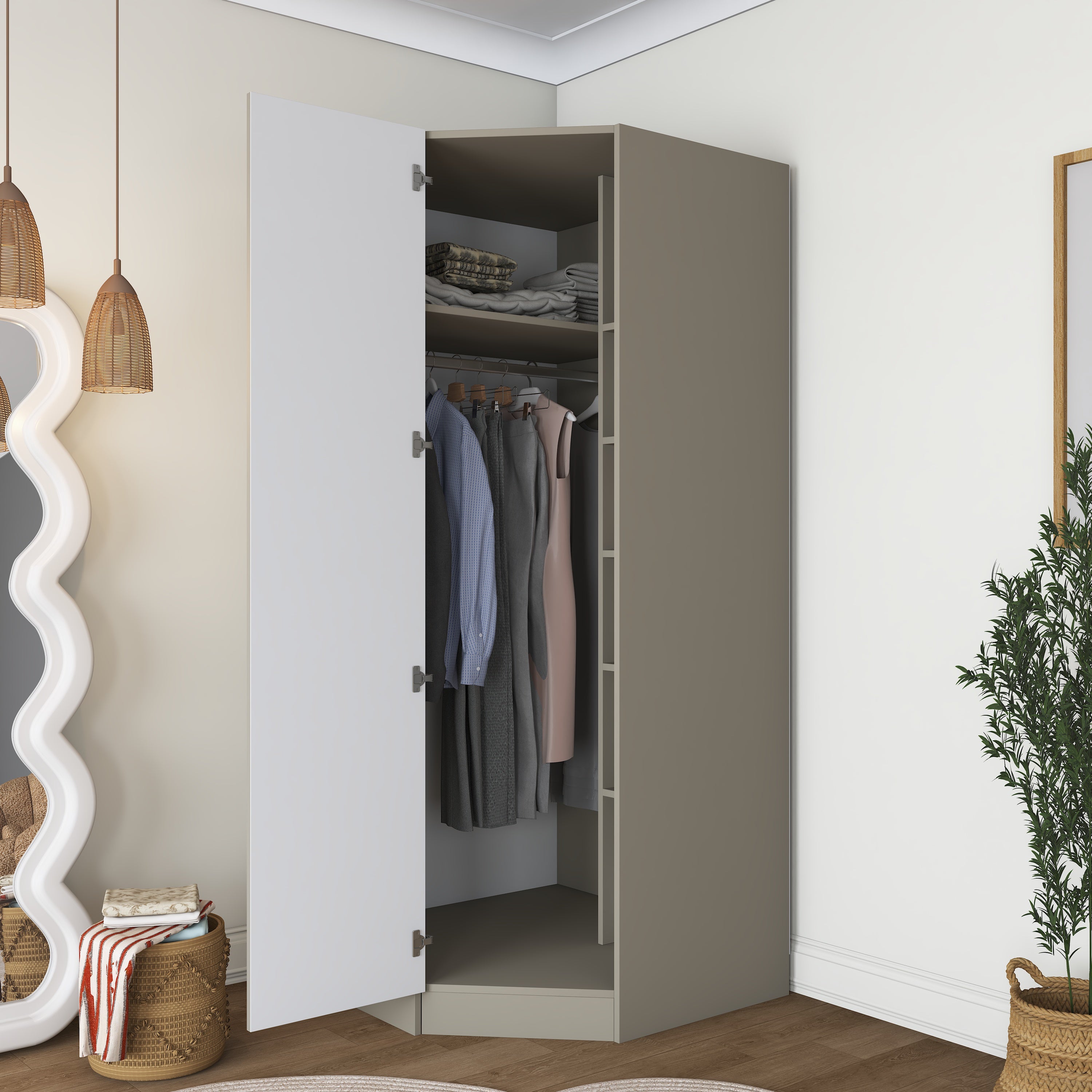 Rani BA311 Membran Kapaklı Köşe Modül Gardırop Tek Kapaklı 6 Raflı Askılı Elbise Dolabı Kumtaşı