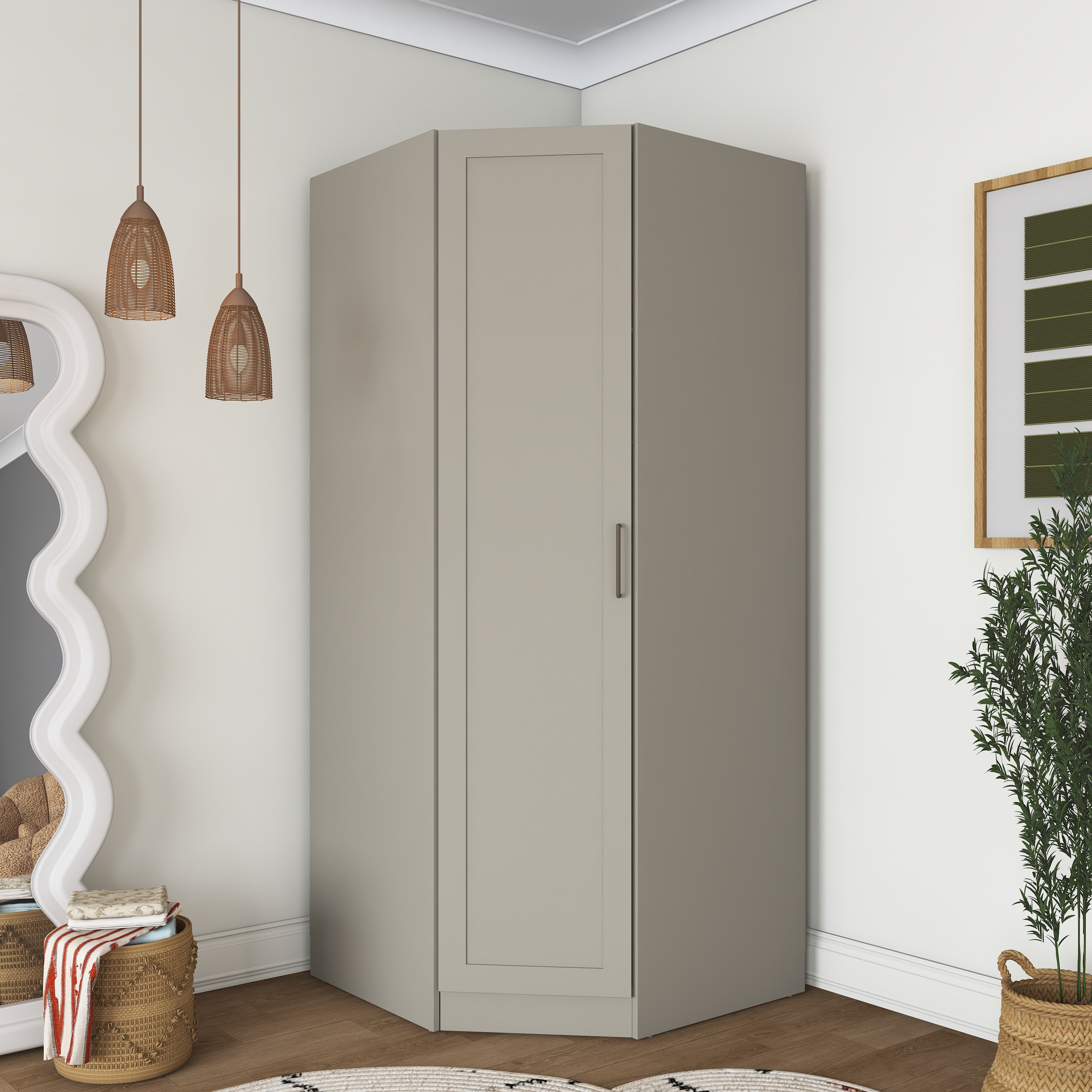 Rani BA311 Membran Kapaklı Köşe Modül Gardırop Tek Kapaklı 6 Raflı Askılı Elbise Dolabı Kumtaşı
