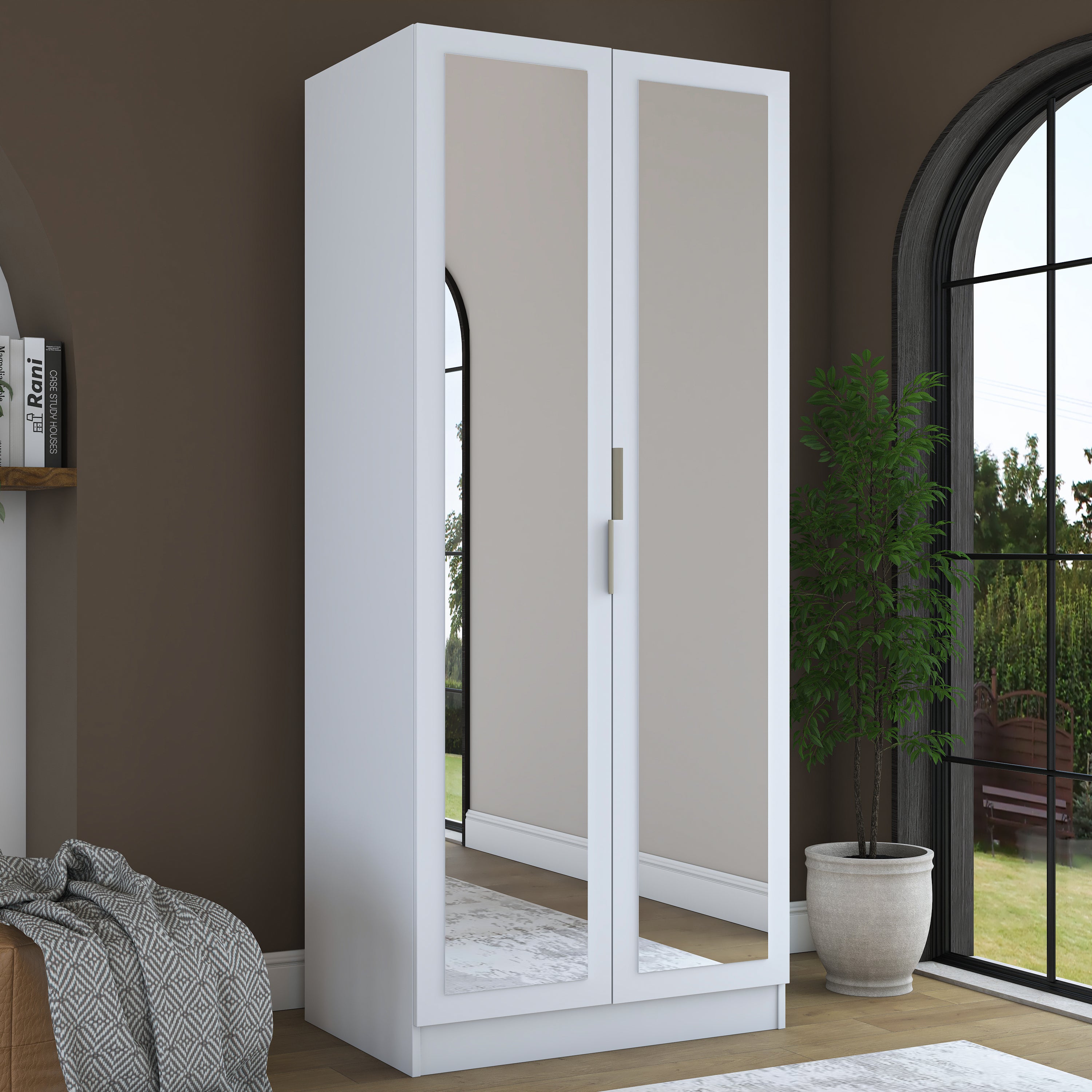 Rani BA230 Ayna Kapaklı Gardırop Raflı 2 Askılı 2 Kapaklı Elbise Dolabı Beyaz