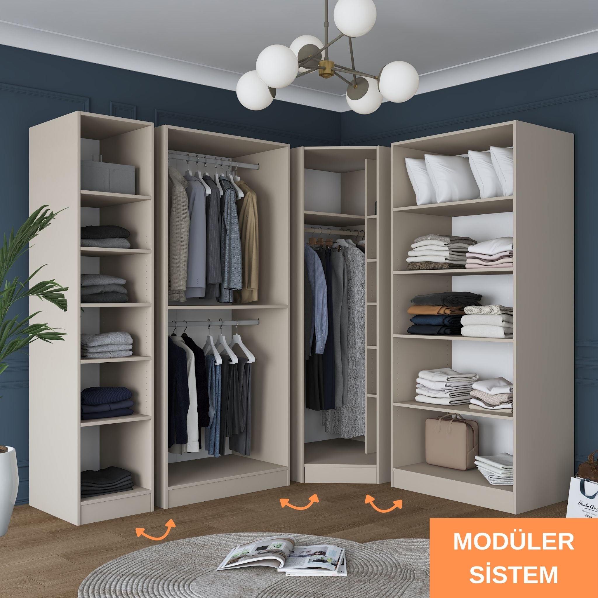 Rani BA260 Membran Kapaklı Modüler Köşe Gardırop 6 Kapaklı Raflı Askılı Elbise Dolabı Kumtaşı