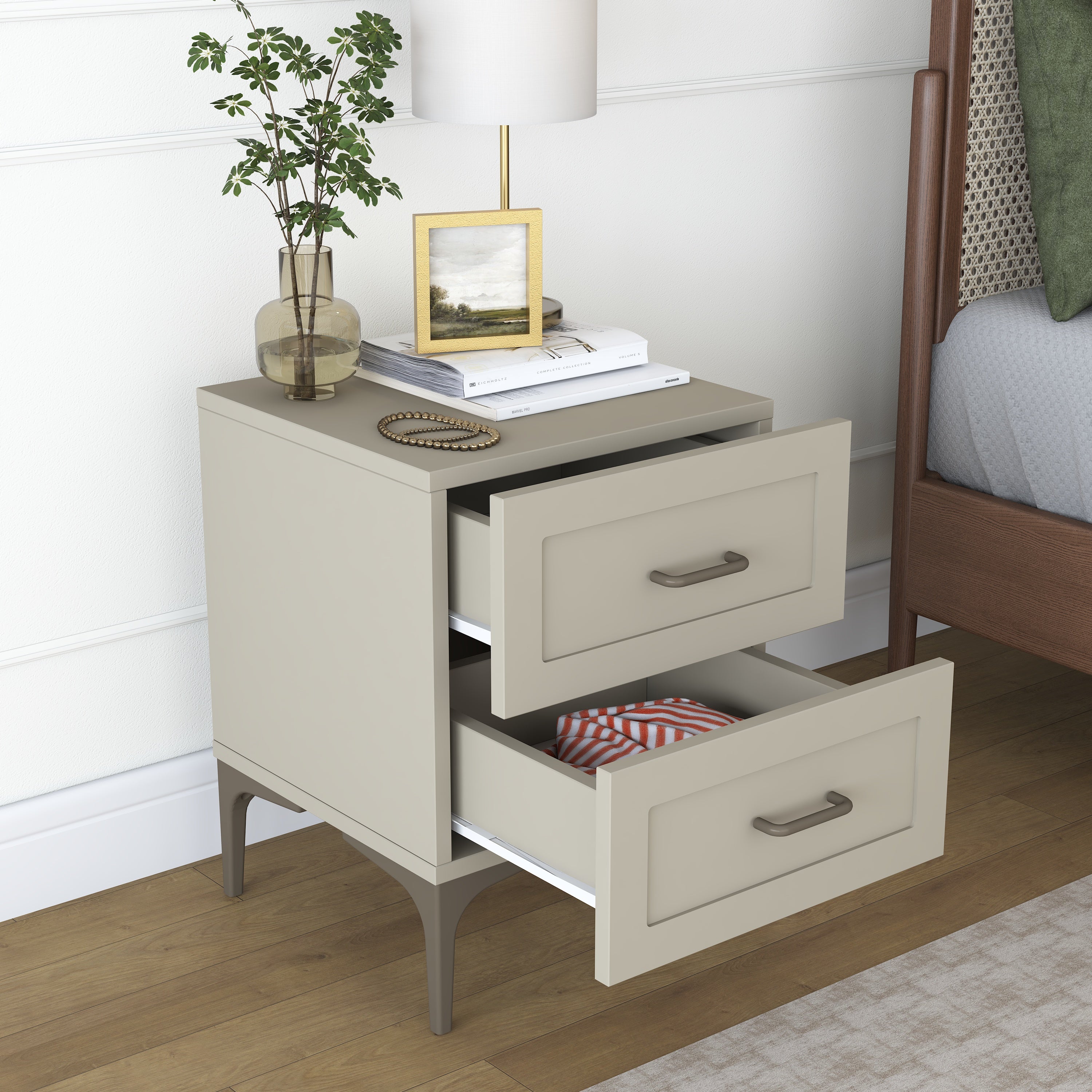 Rani BD119 Modern Membran Kapaklı Komodin 2 Çekmeceli Ayaklı Yatak Odası Kumtaşı