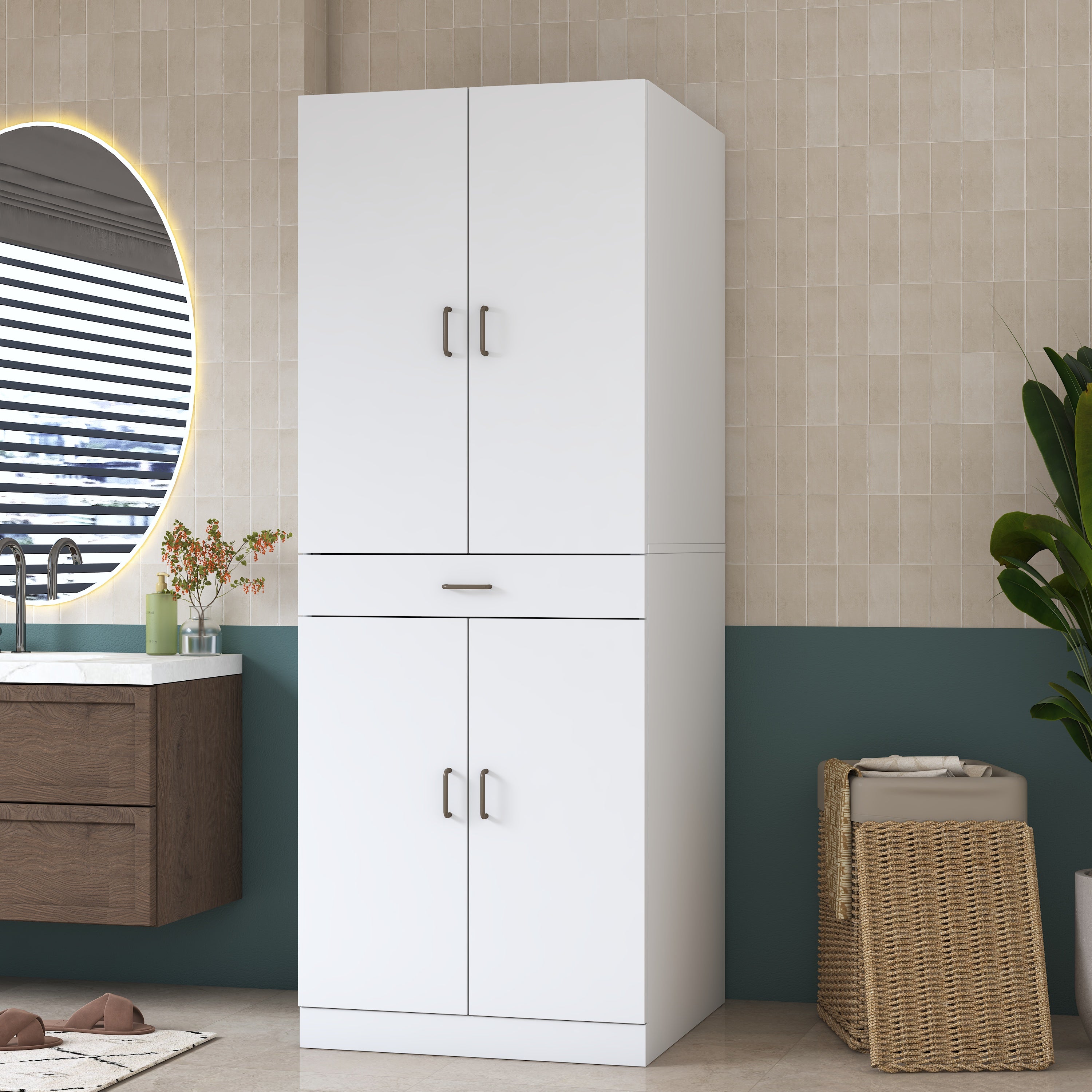 Rani KD127 Çamaşır Ve Kurutma Makinesi Dolabı 4 Kapaklı Çekmeceli Banyo Dolabı Beyaz