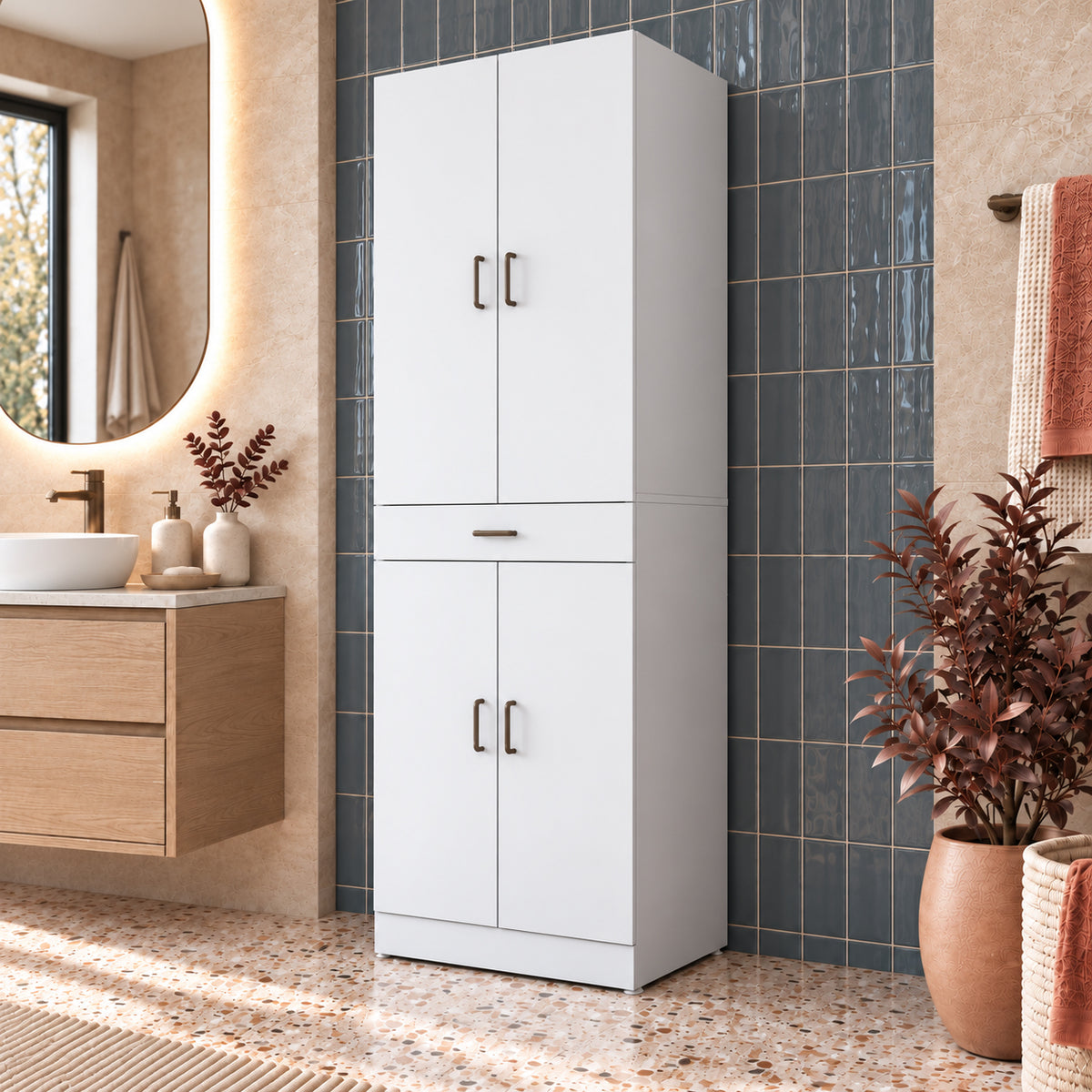 Rani KD127 Çamaşır Ve Kurutma Makinesi Dolabı 4 Kapaklı Çekmeceli Banyo Dolabı Beyaz