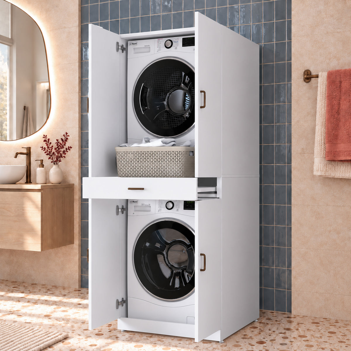 Rani KD127 Çamaşır Ve Kurutma Makinesi Dolabı 4 Kapaklı Çekmeceli Banyo Dolabı Beyaz