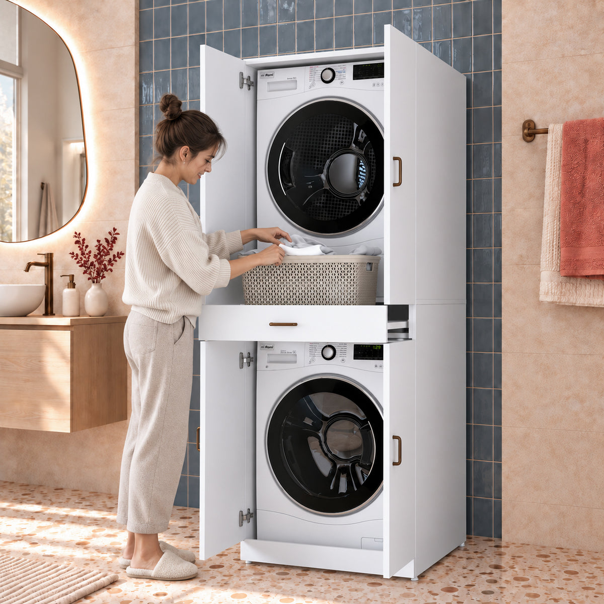 Rani KD127 Çamaşır Ve Kurutma Makinesi Dolabı 4 Kapaklı Çekmeceli Banyo Dolabı Beyaz