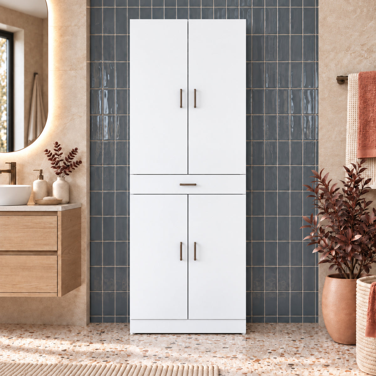 Rani KD127 Çamaşır Ve Kurutma Makinesi Dolabı 4 Kapaklı Çekmeceli Banyo Dolabı Beyaz