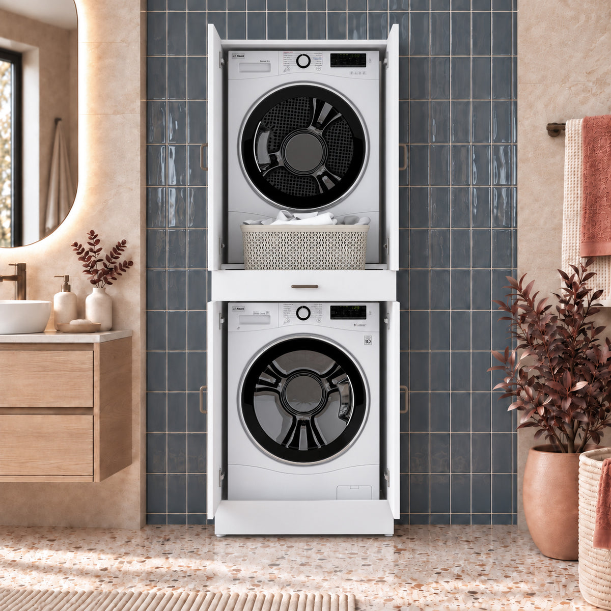 Rani KD127 Çamaşır Ve Kurutma Makinesi Dolabı 4 Kapaklı Çekmeceli Banyo Dolabı Beyaz