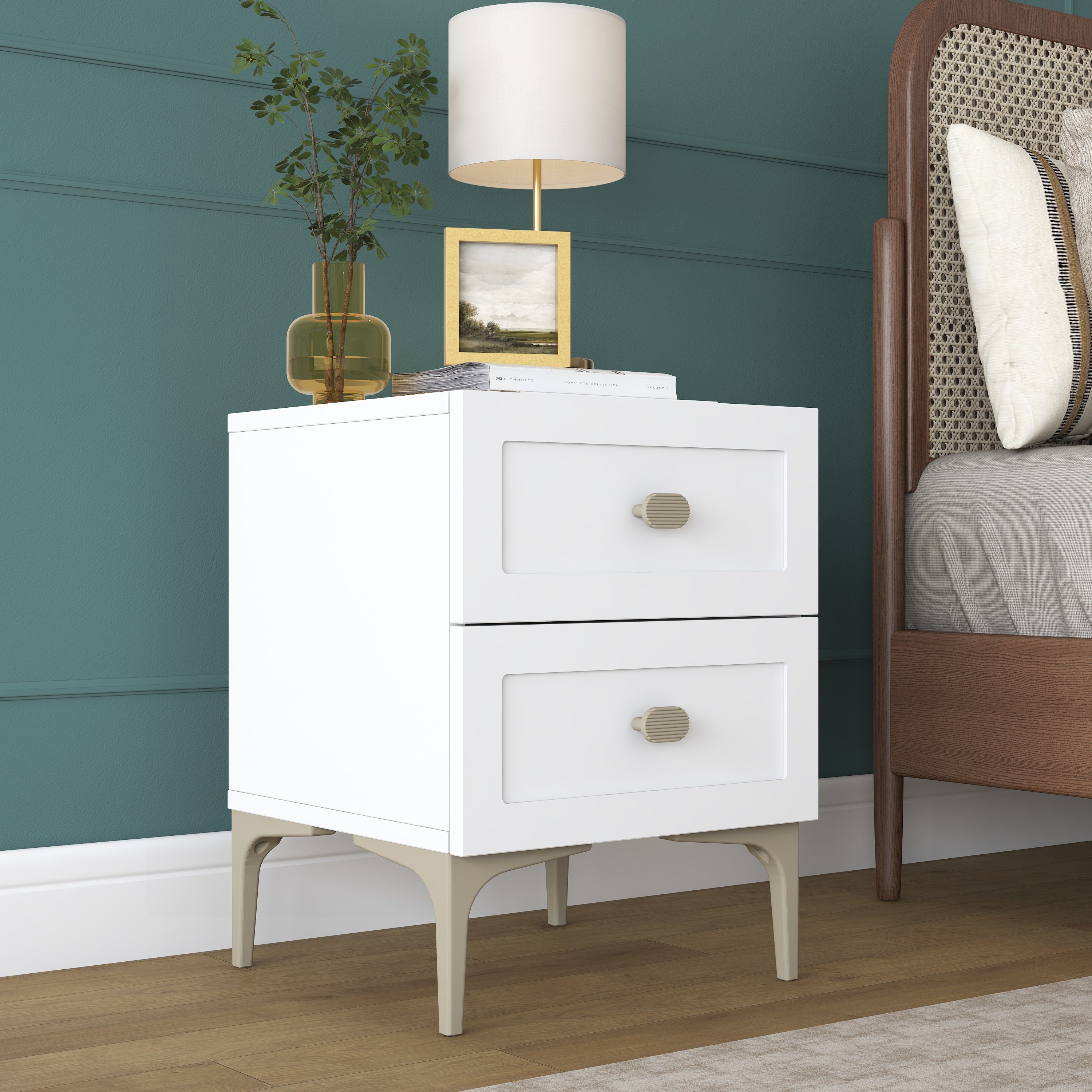 Rani BD117 Modern Membran Kapaklı Komodin 2 Çekmeceli Ayaklı Yatak Odası Beyaz
