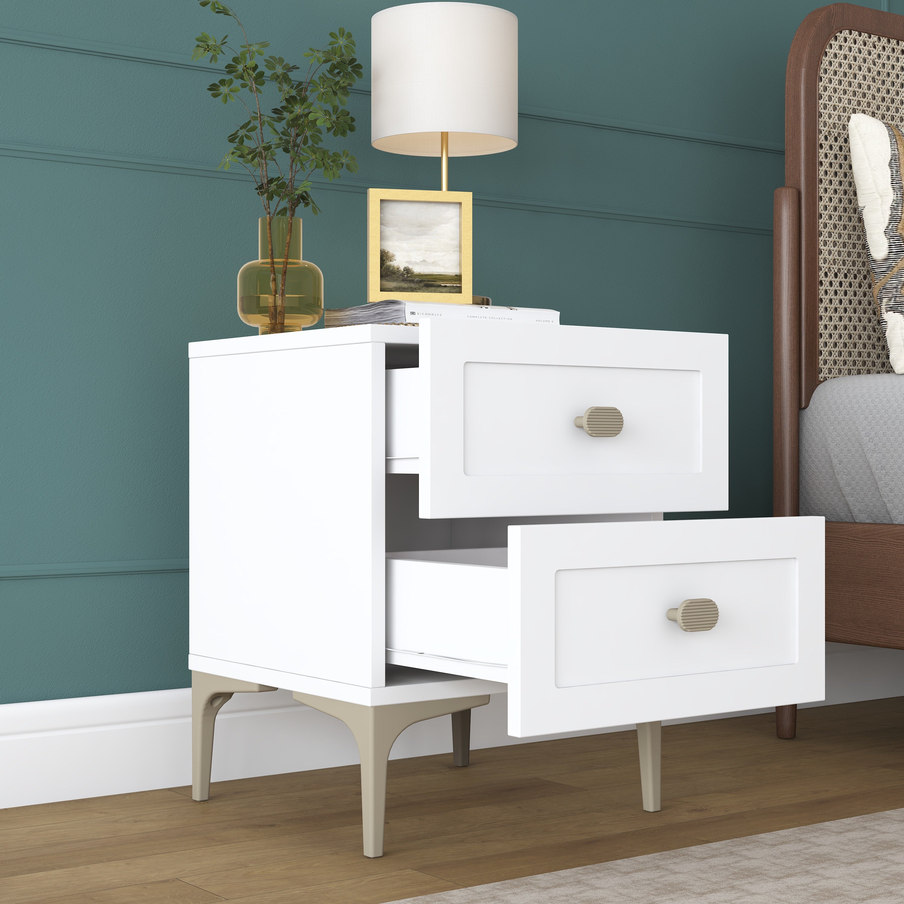 Rani BD117 Modern Membran Kapaklı Komodin 2 Çekmeceli Ayaklı Yatak Odası Beyaz