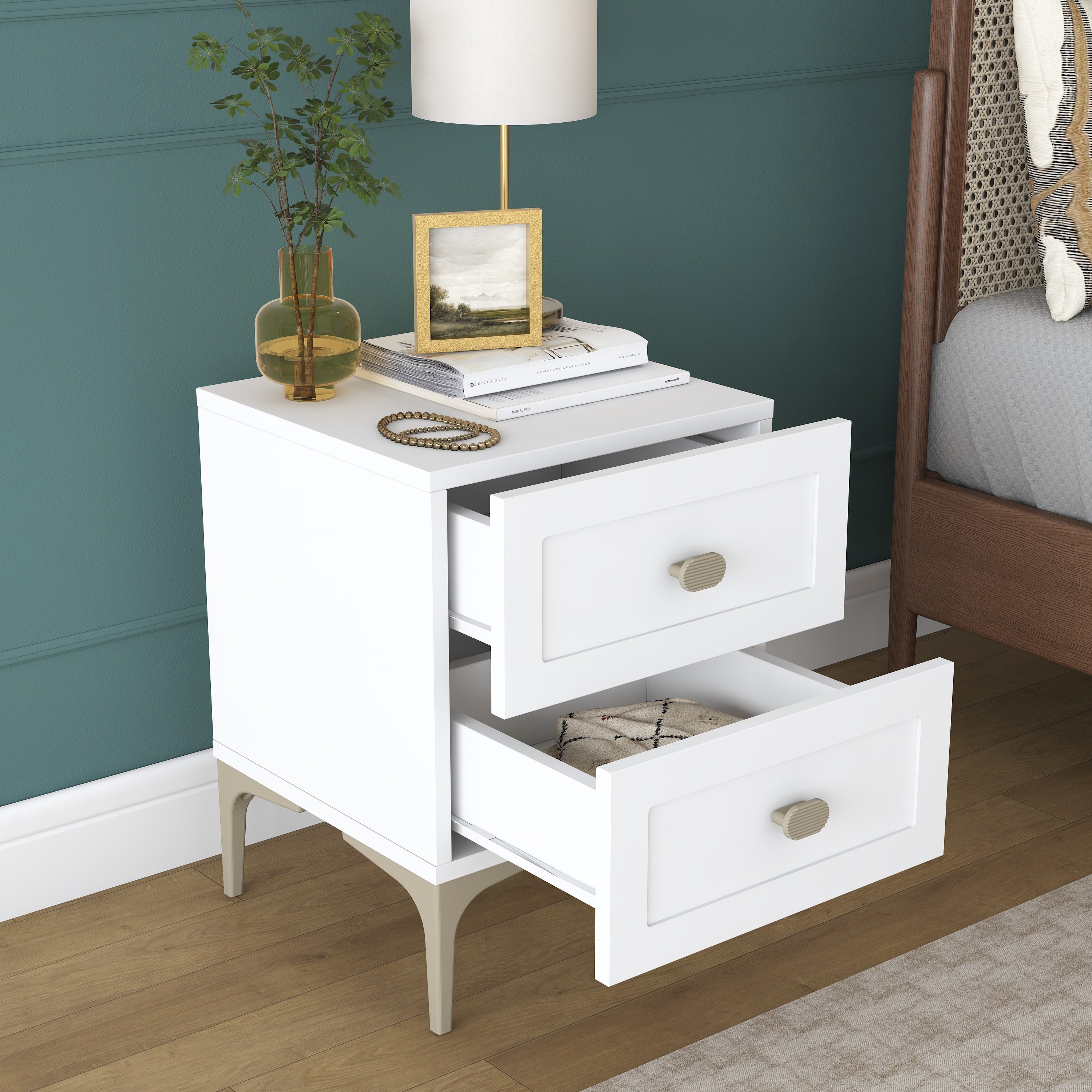 Rani BD117 Modern Membran Kapaklı Komodin 2 Çekmeceli Ayaklı Yatak Odası Beyaz