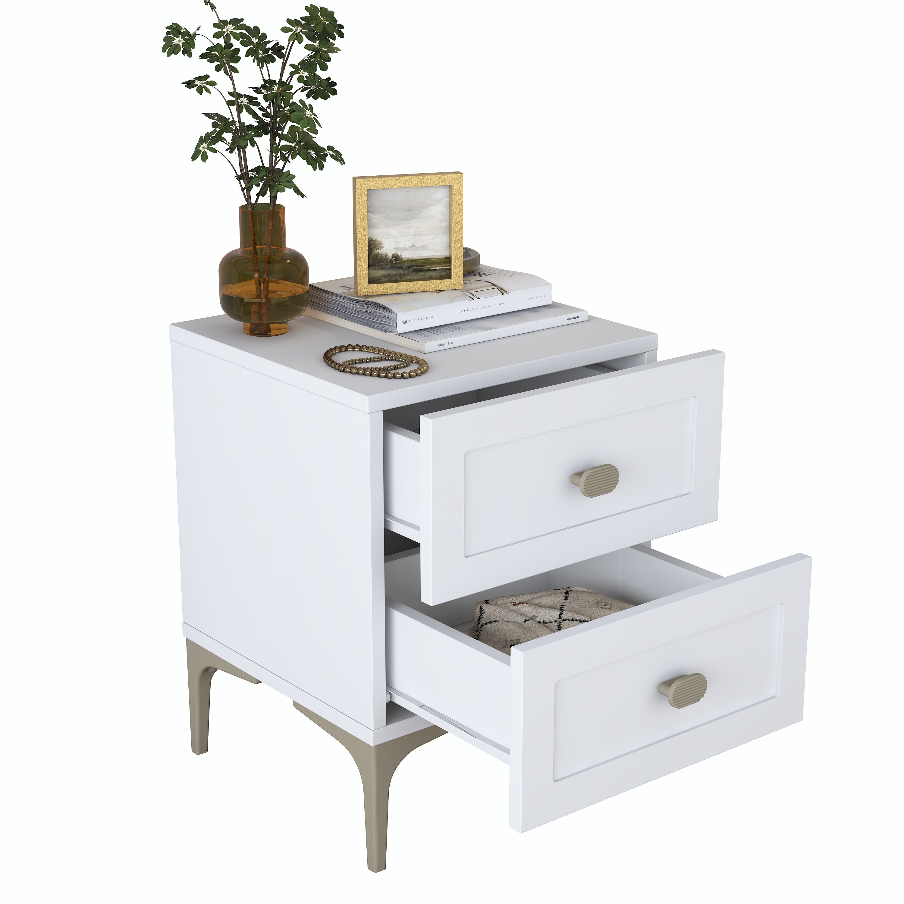 Rani BD117 Modern Membran Kapaklı Komodin 2 Çekmeceli Ayaklı Yatak Odası Beyaz