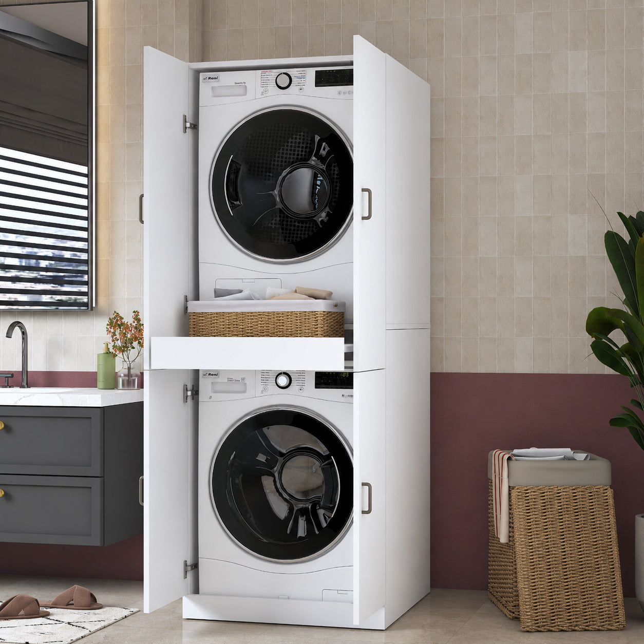 Rani KD126 Çamaşır Makinesi Dolabı 4 Kapaklı Çekmeceli Banyo Dolabı Beyaz