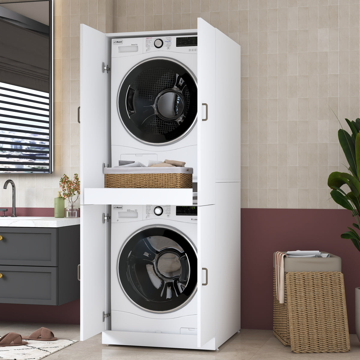 Rani KD126 Çamaşır Ve Kurutma Makinesi Dolabı 4 Kapaklı Çekmeceli Banyo Dolabı Beyaz