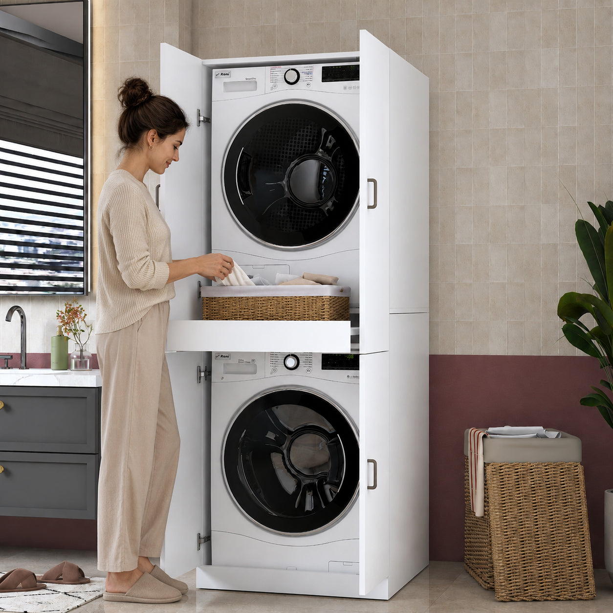 Rani KD126 Çamaşır Makinesi Dolabı 4 Kapaklı Çekmeceli Banyo Dolabı Beyaz