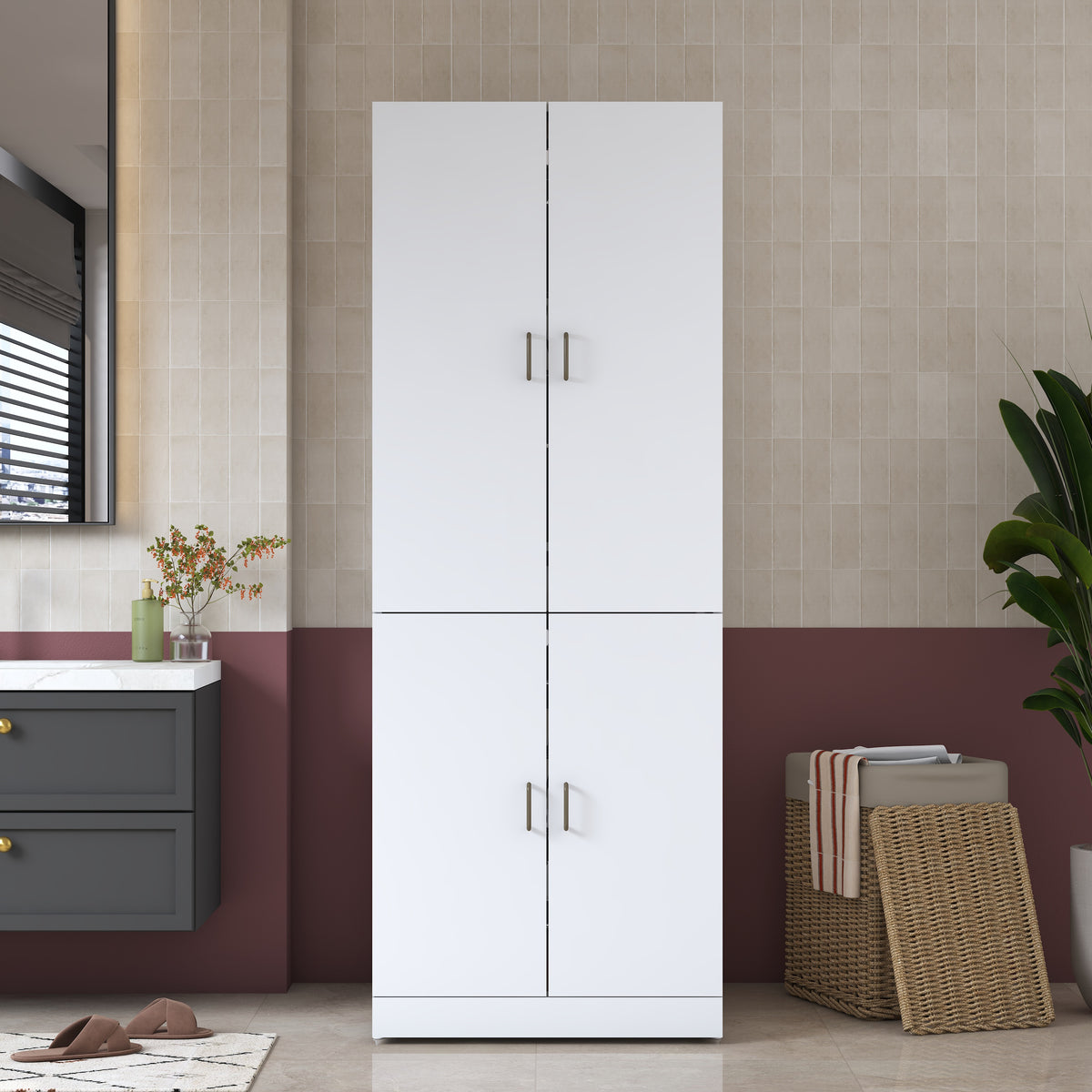 Rani KD126 Çamaşır Ve Kurutma Makinesi Dolabı 4 Kapaklı Çekmeceli Banyo Dolabı Beyaz