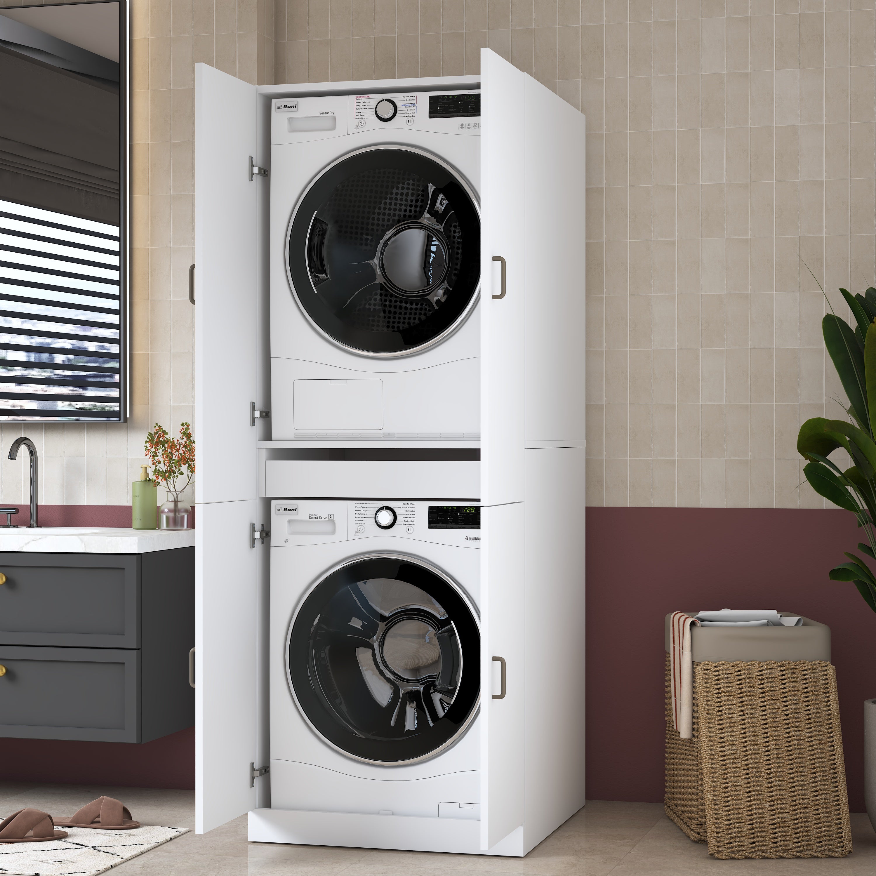Rani KD126 Çamaşır Makinesi Dolabı 4 Kapaklı Çekmeceli Banyo Dolabı Beyaz