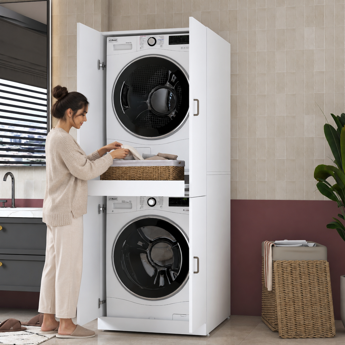 Rani KD126 Çamaşır Ve Kurutma Makinesi Dolabı 4 Kapaklı Çekmeceli Banyo Dolabı Beyaz
