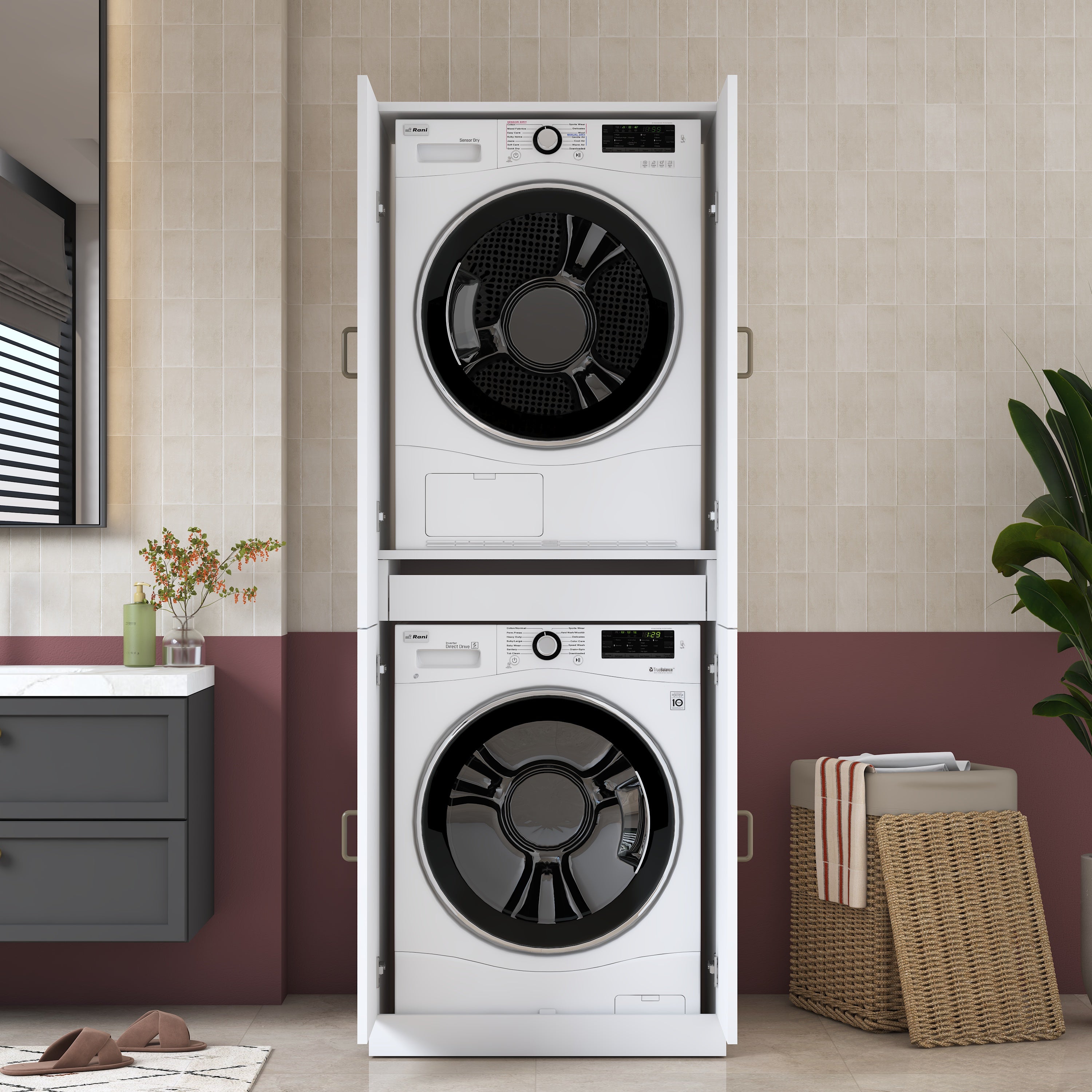 Rani KD126 Çamaşır Makinesi Dolabı 4 Kapaklı Çekmeceli Banyo Dolabı Beyaz