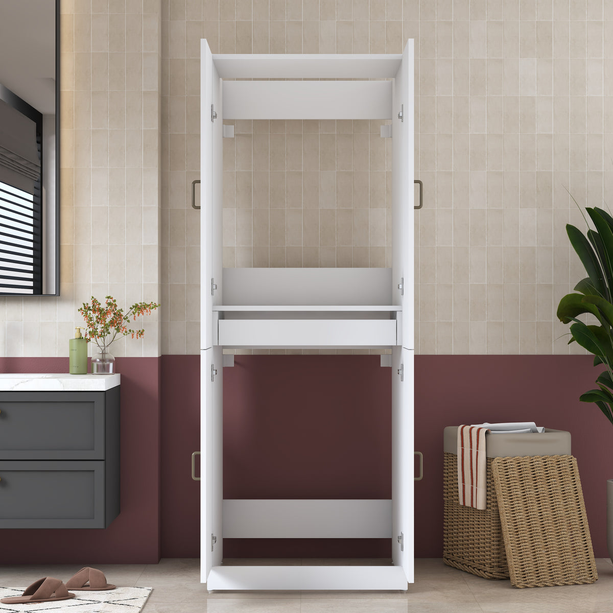 Rani KD126 Çamaşır Ve Kurutma Makinesi Dolabı 4 Kapaklı Çekmeceli Banyo Dolabı Beyaz