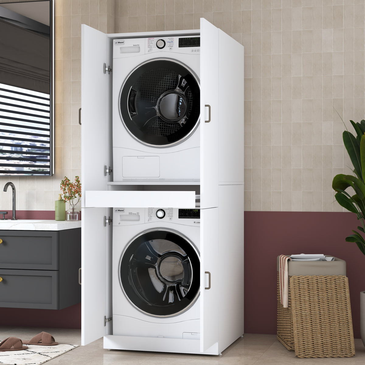 Rani KD126 Çamaşır Ve Kurutma Makinesi Dolabı 4 Kapaklı Çekmeceli Banyo Dolabı Beyaz