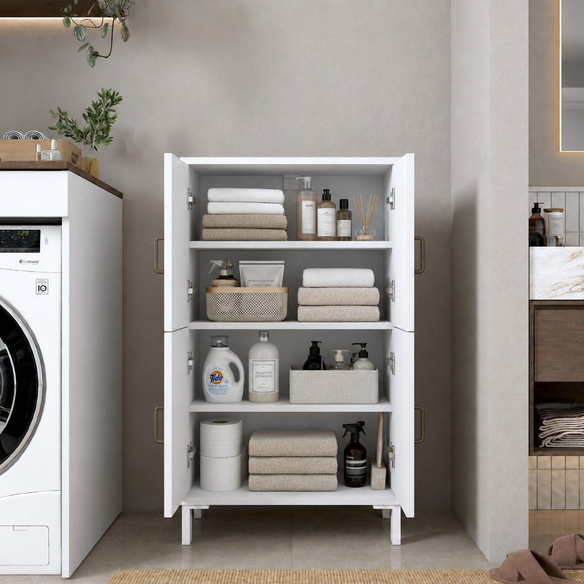 Rani KC116 Banyo Dolabı 4 Kapaklı 3 Raflı Çok Amaçlı Dolap Beyaz