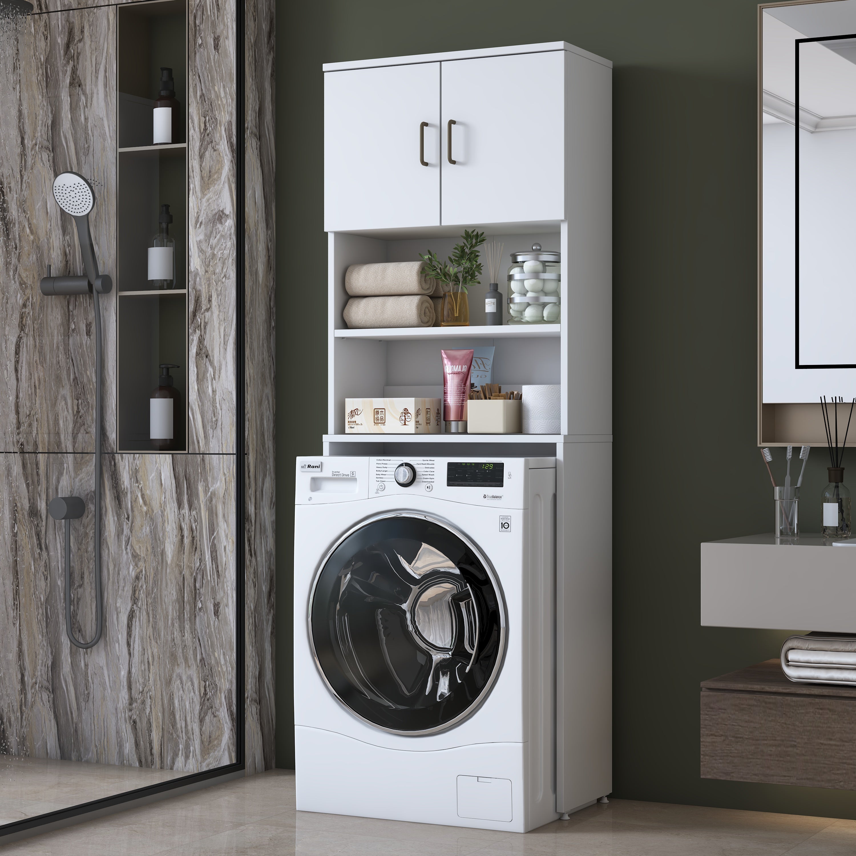 Rani KD140 Çamaşır Makinesi Dolabı 2 Kapaklı 2 Raflı Banyo Dolabı Beyaz