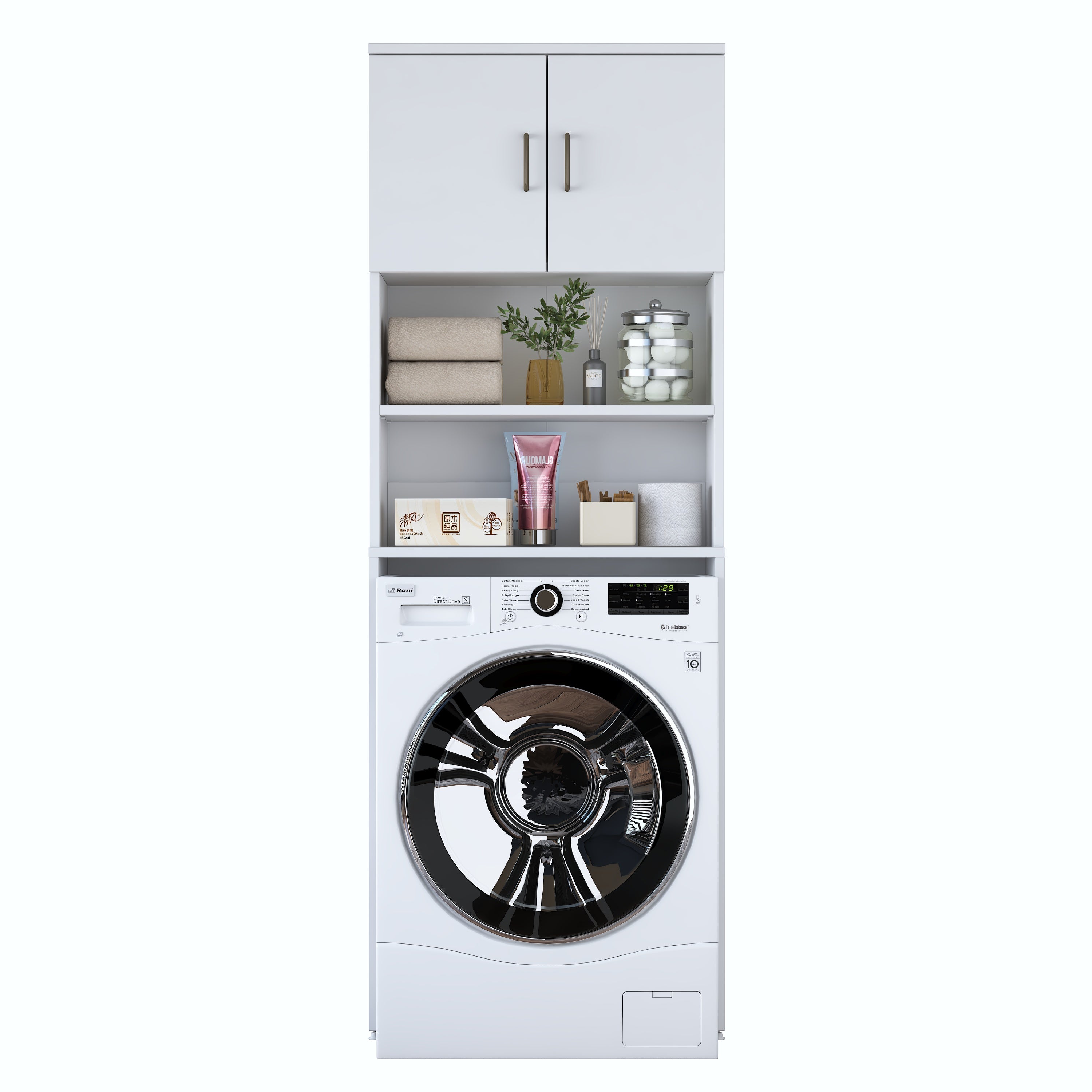 Rani KD140 Çamaşır Makinesi Dolabı 2 Kapaklı 2 Raflı Banyo Dolabı Beyaz