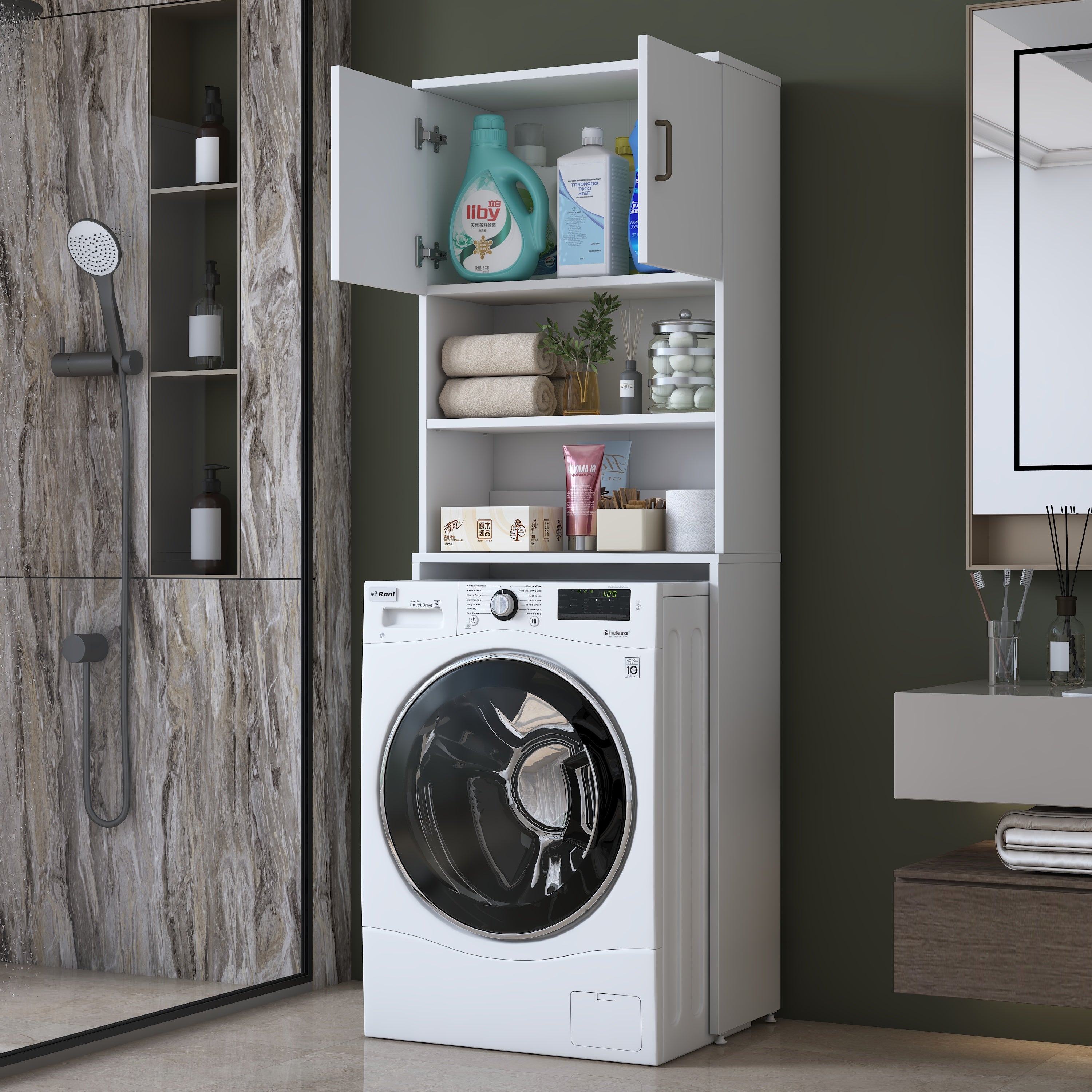 Rani KD140 Çamaşır Makinesi Dolabı 2 Kapaklı 2 Raflı Banyo Dolabı Beyaz