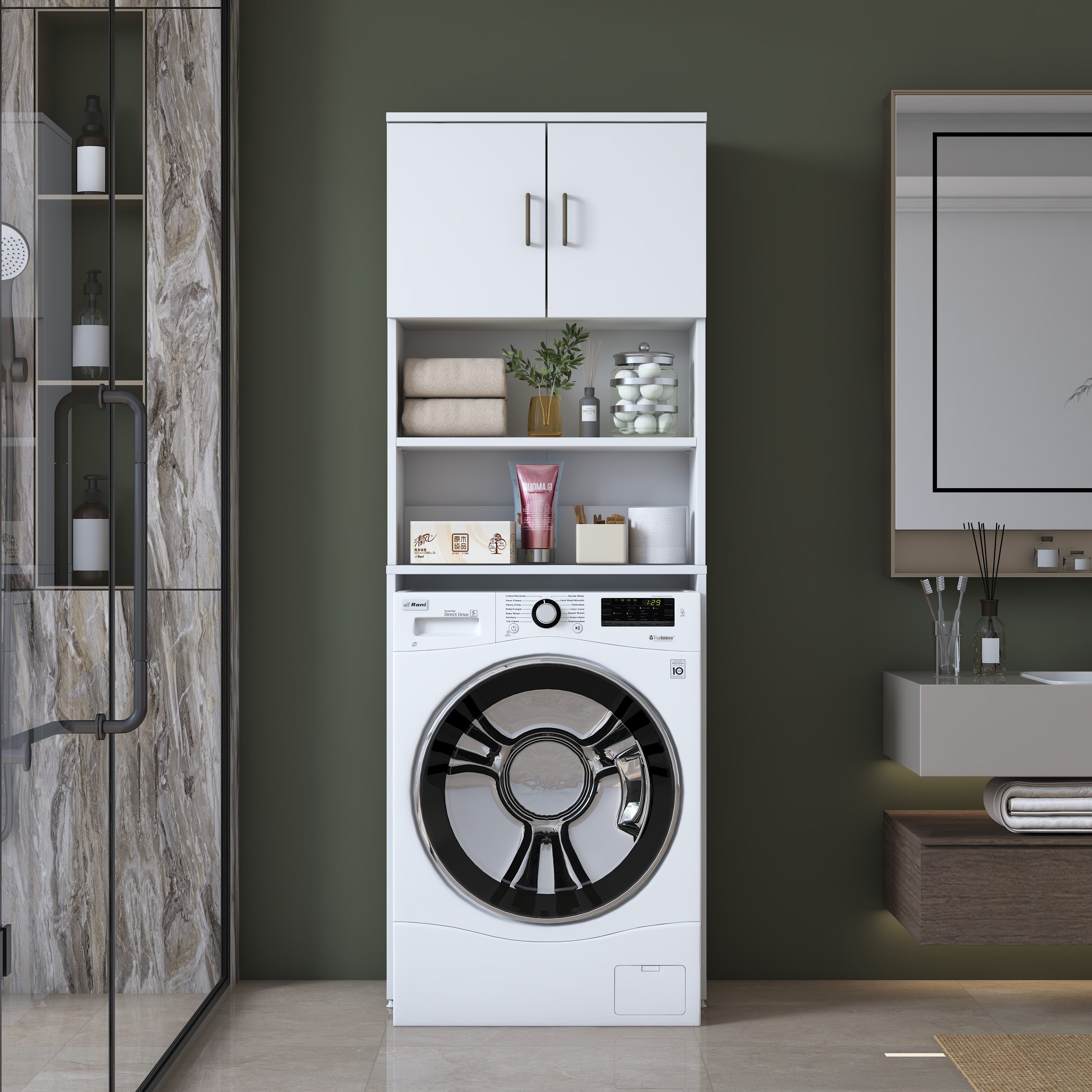 Rani KD140 Çamaşır Makinesi Dolabı 2 Kapaklı 2 Raflı Banyo Dolabı Beyaz