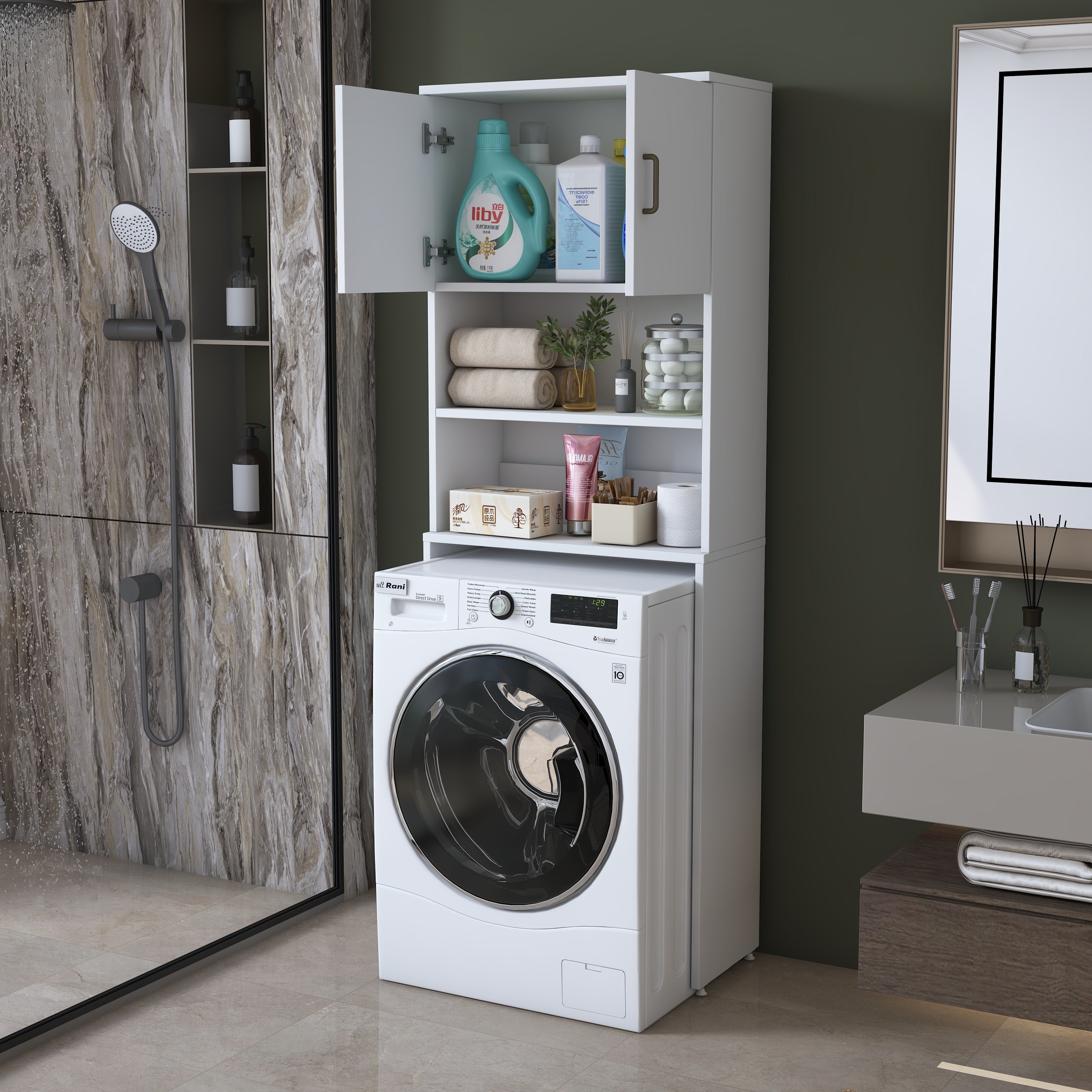 Rani KD140 Çamaşır Makinesi Dolabı 2 Kapaklı 2 Raflı Banyo Dolabı Beyaz