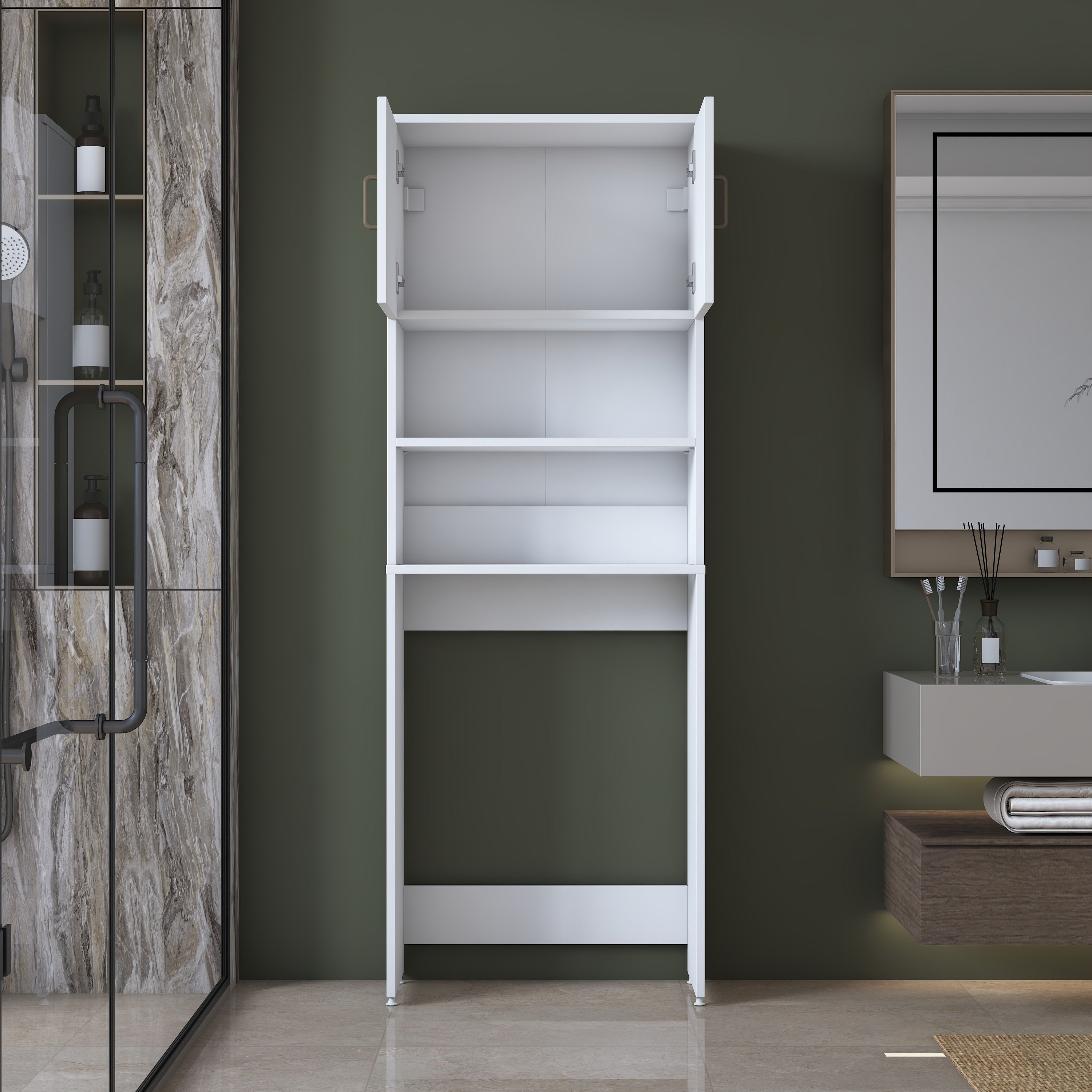 Rani KD140 Çamaşır Makinesi Dolabı 2 Kapaklı 2 Raflı Banyo Dolabı Beyaz