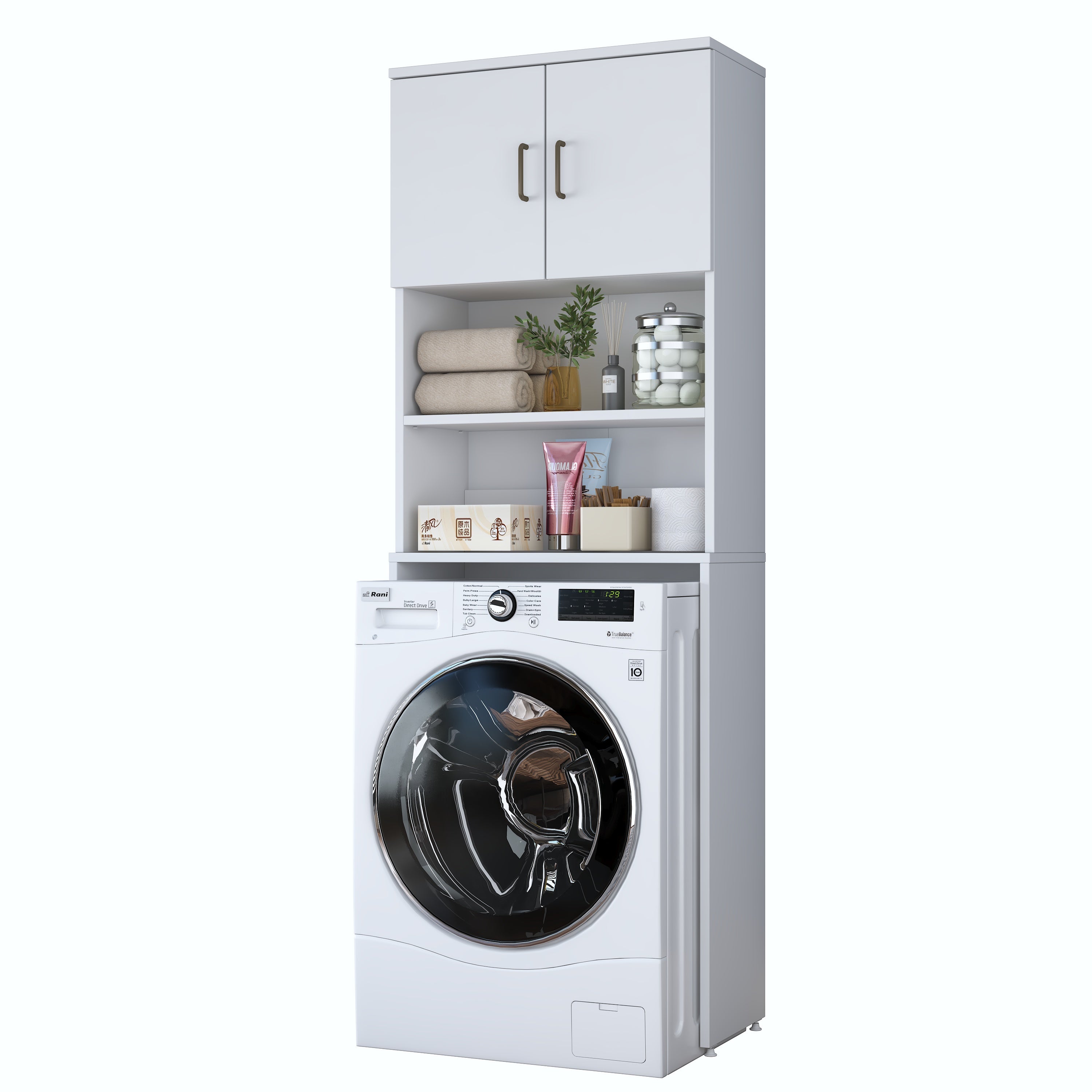 Rani KD140 Çamaşır Makinesi Dolabı 2 Kapaklı 2 Raflı Banyo Dolabı Beyaz