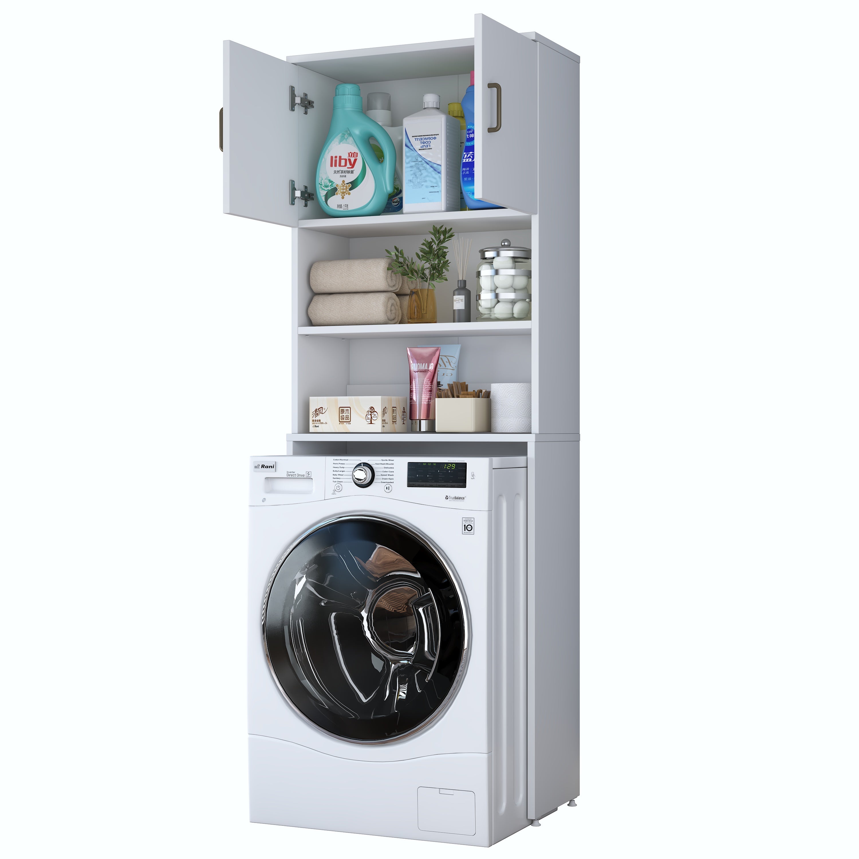 Rani KD140 Çamaşır Makinesi Dolabı 2 Kapaklı 2 Raflı Banyo Dolabı Beyaz
