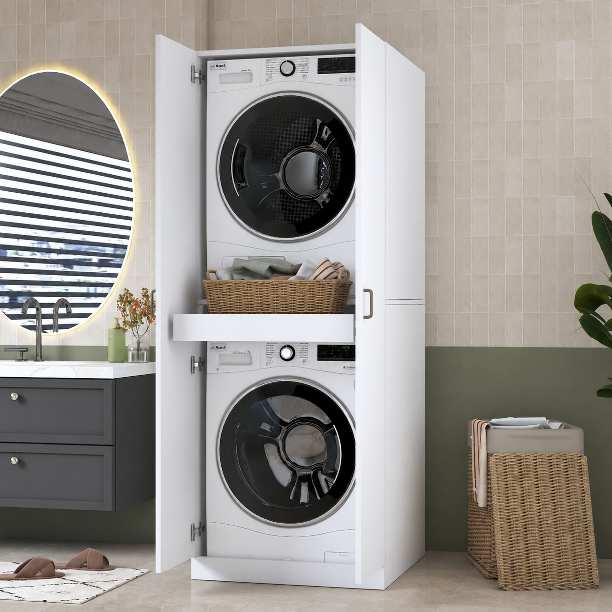 Rani KD125 Çamaşır Makinesi Dolabı 2 Kapaklı Raflı Çekmeceli Banyo Dolabı Beyaz
