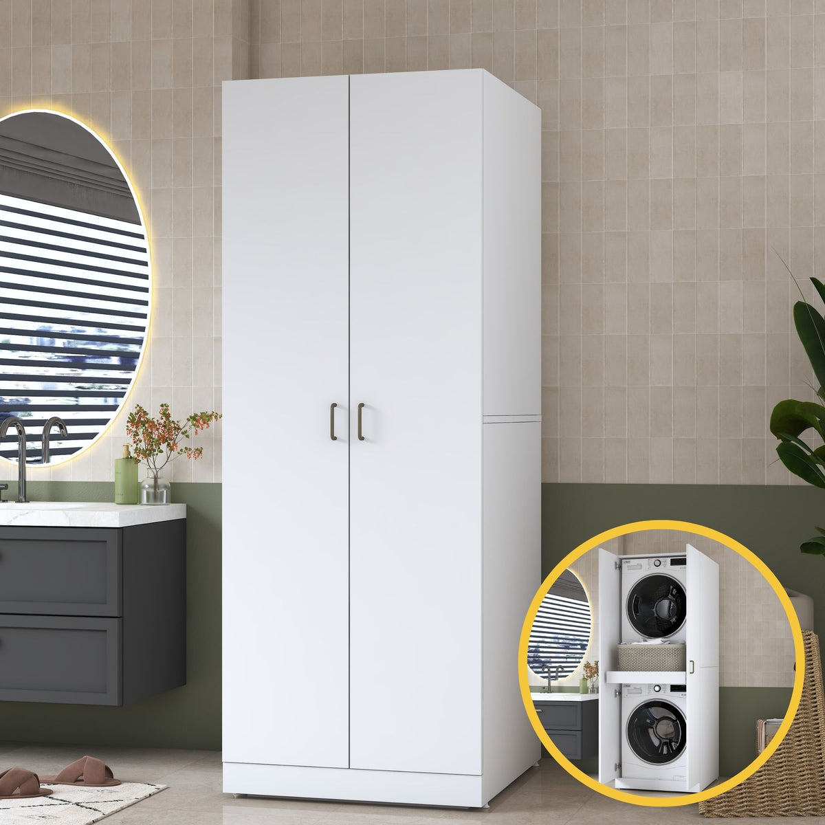 Rani KD125 Çamaşır Makinesi Dolabı 2 Kapaklı Raflı Çekmeceli Banyo Dolabı Beyaz