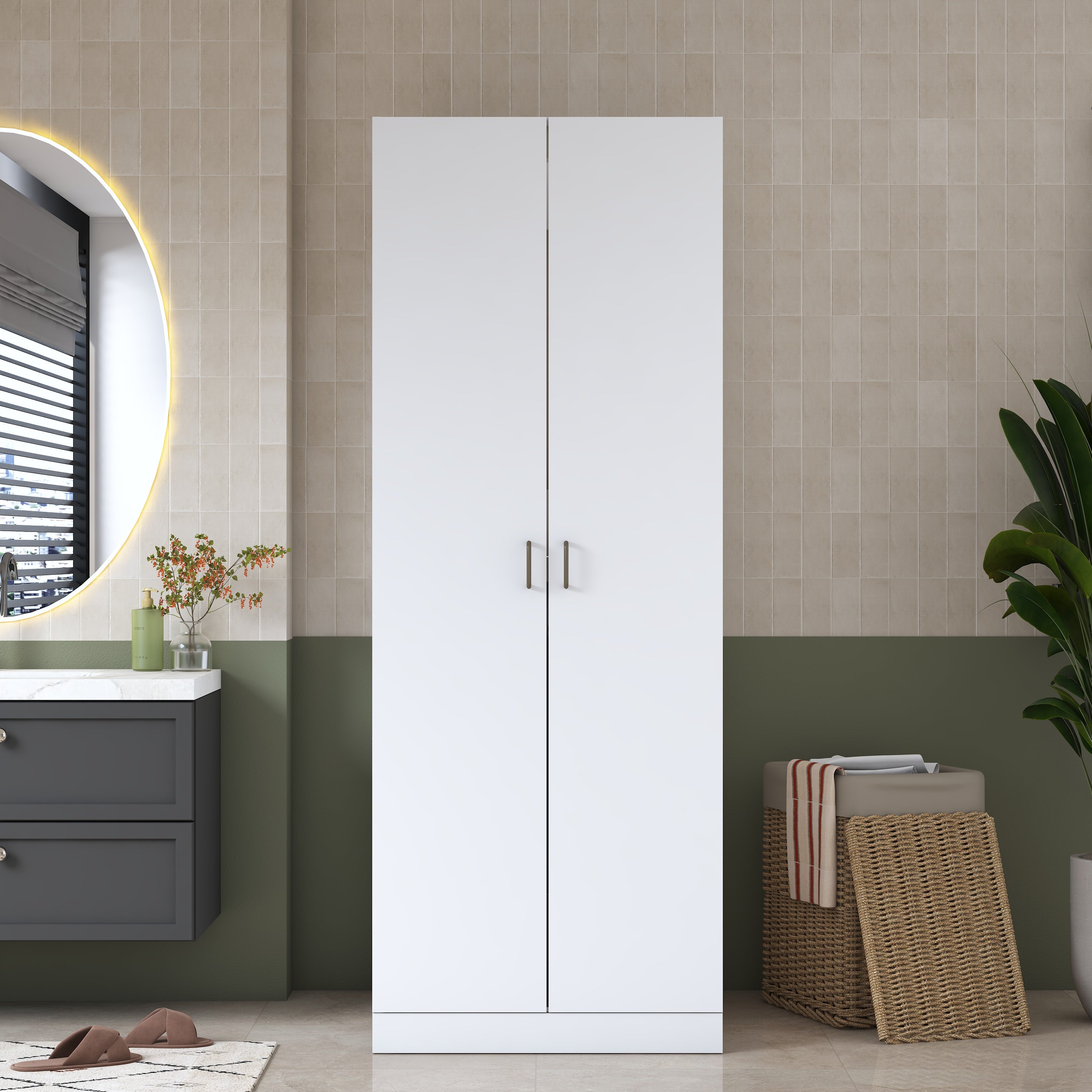 Rani KD125 Çamaşır Makinesi Dolabı 2 Kapaklı Raflı Çekmeceli Banyo Dolabı Beyaz