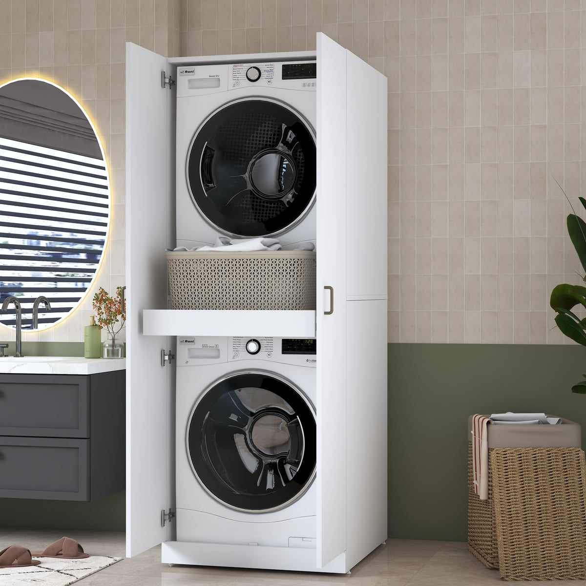 Rani KD125 Çamaşır Makinesi Dolabı 2 Kapaklı Raflı Çekmeceli Banyo Dolabı Beyaz