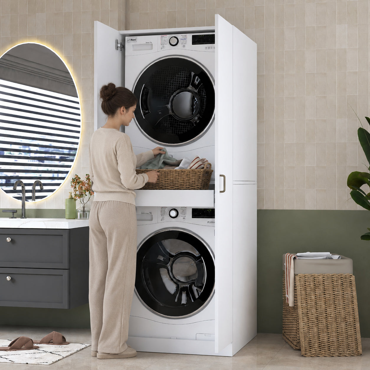 Rani KD125 Çamaşır Makinesi Dolabı 2 Kapaklı Raflı Çekmeceli Banyo Dolabı Beyaz