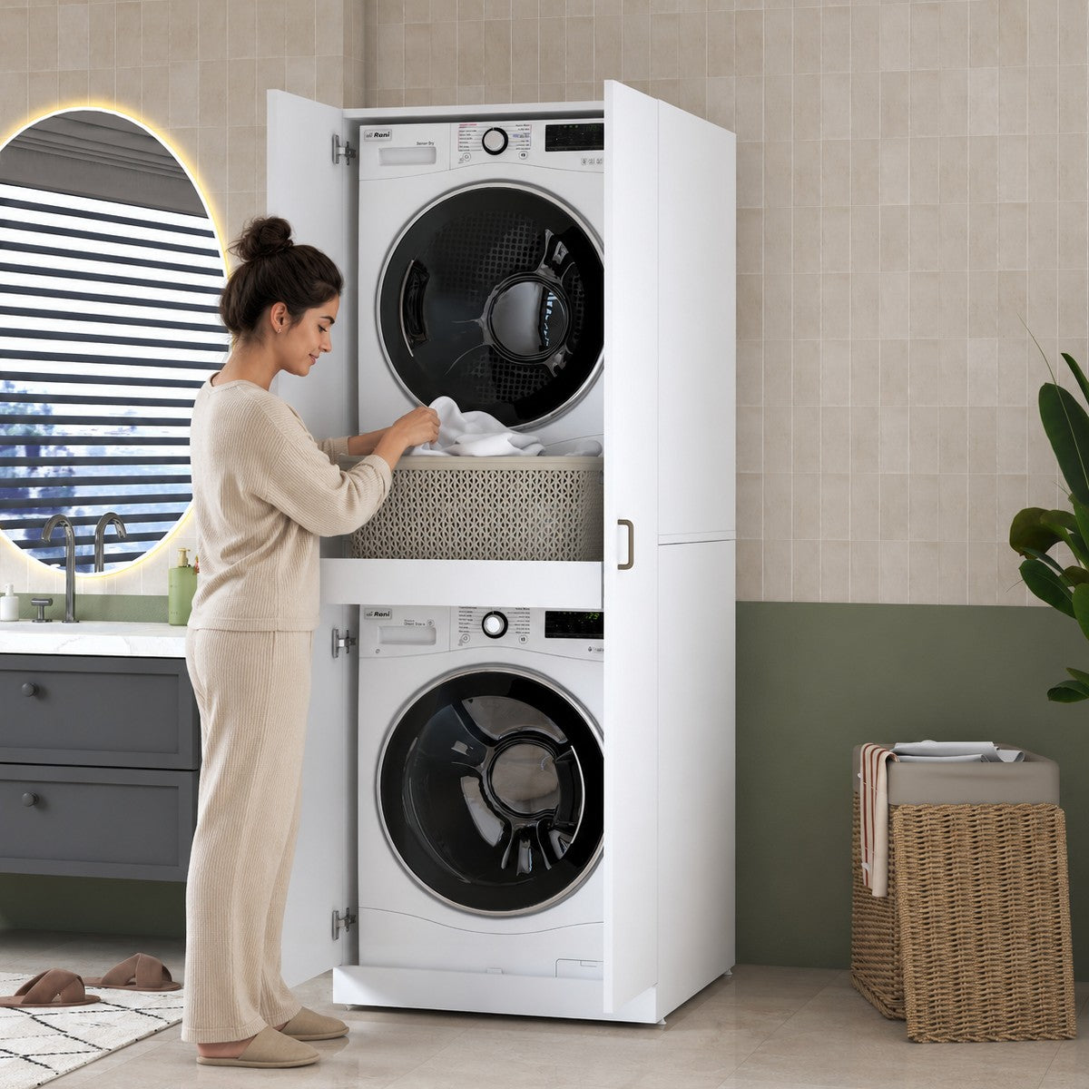 Rani KD125 Çamaşır Makinesi Dolabı 2 Kapaklı Raflı Çekmeceli Banyo Dolabı Beyaz