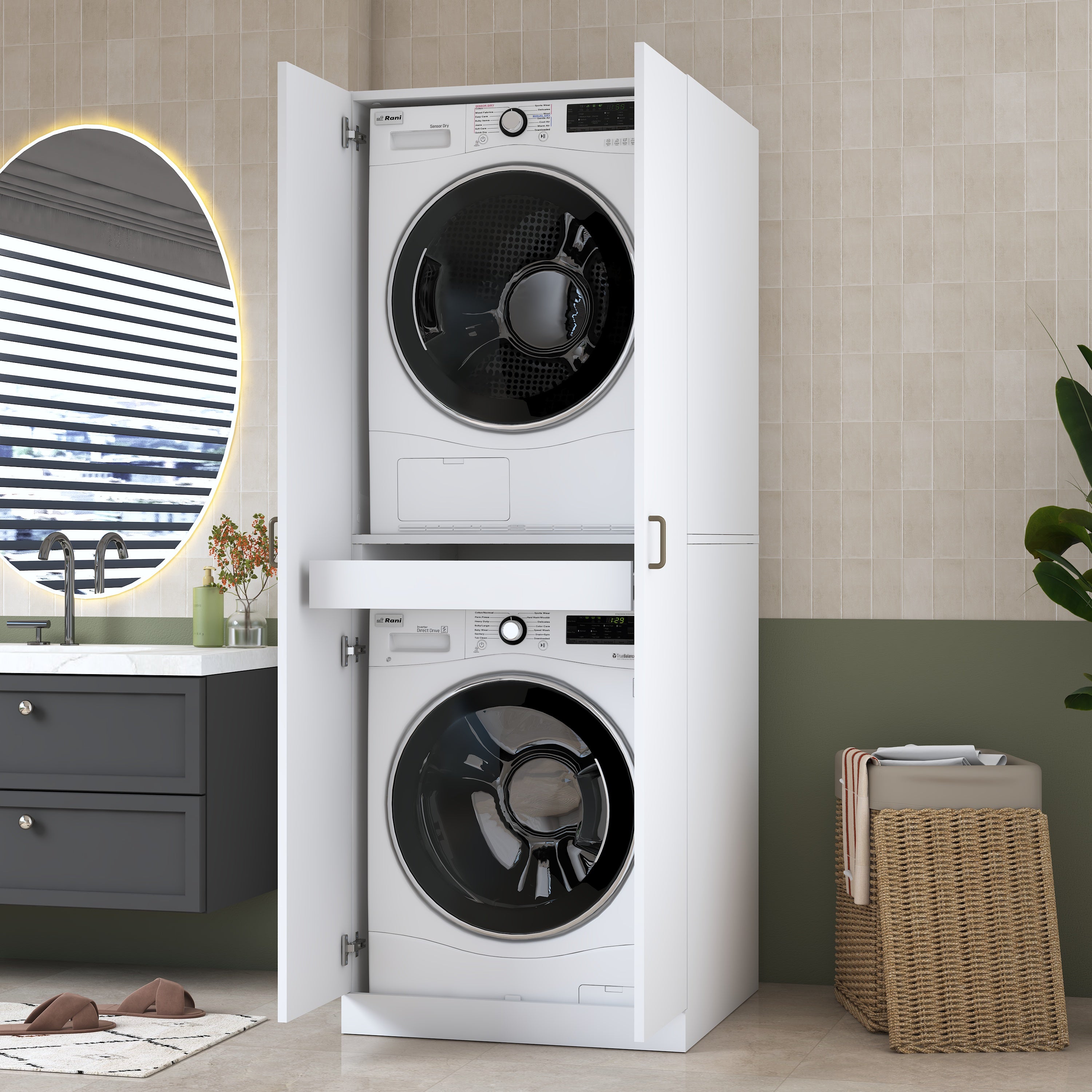 Rani KD125 Çamaşır Makinesi Dolabı 2 Kapaklı Raflı Çekmeceli Banyo Dolabı Beyaz