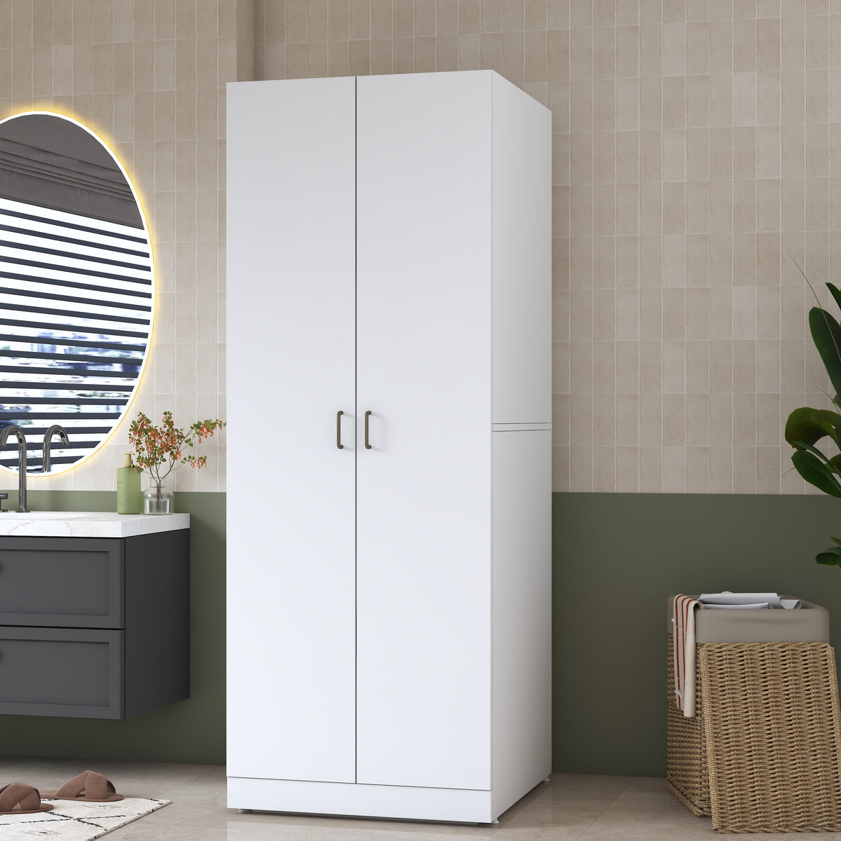 Rani KD125 Çamaşır Makinesi Dolabı 2 Kapaklı Raflı Çekmeceli Banyo Dolabı Beyaz