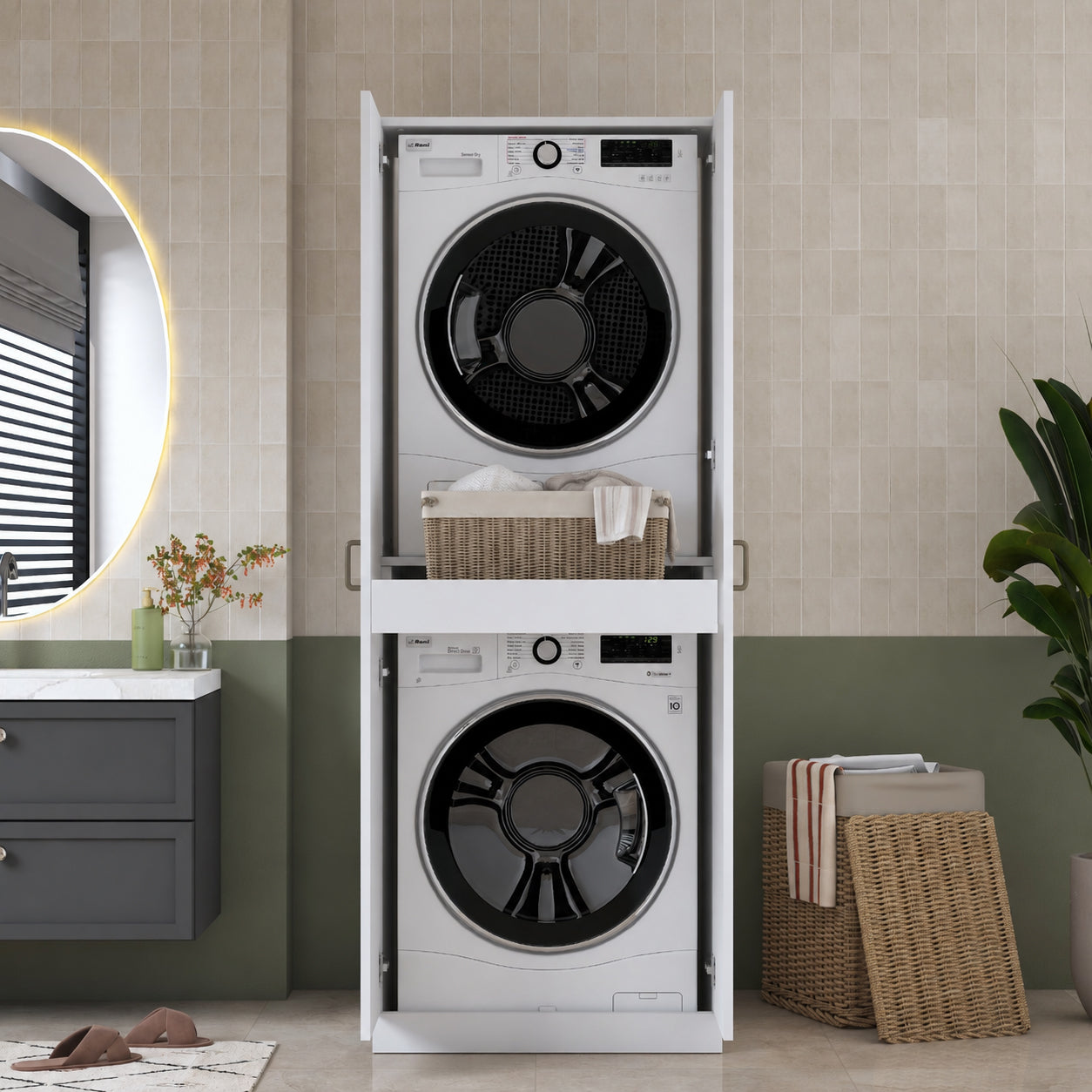 Rani KD125 Çamaşır Makinesi Dolabı 2 Kapaklı Raflı Çekmeceli Banyo Dolabı Beyaz