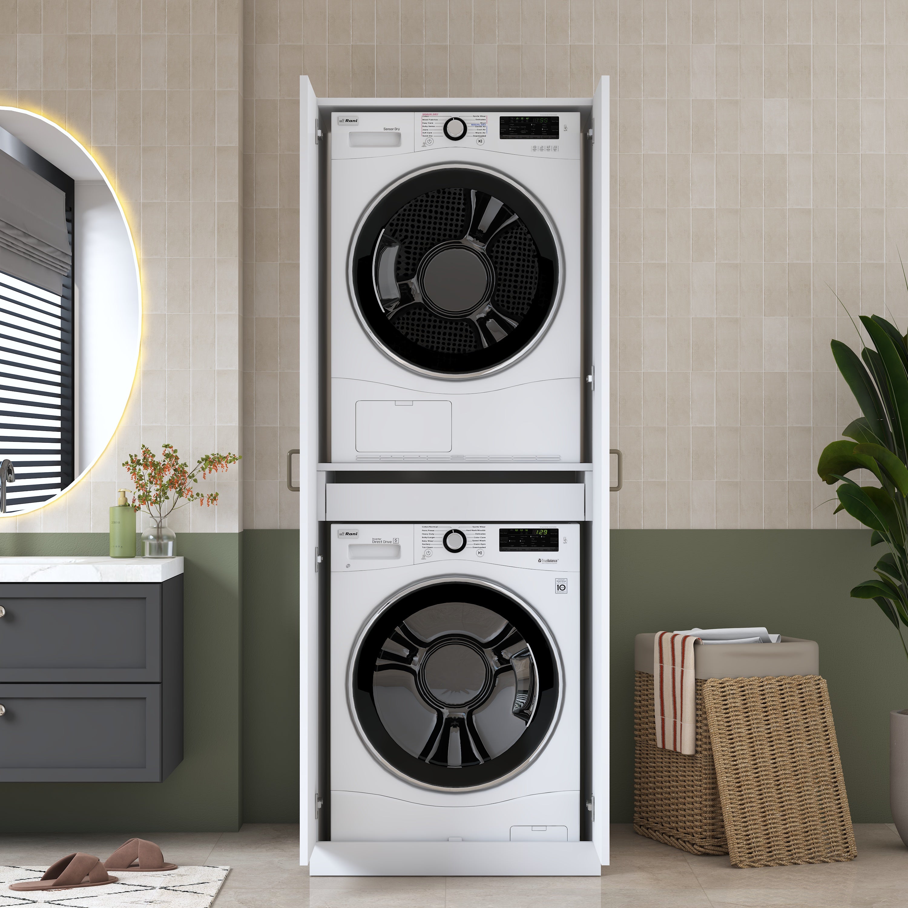 Rani KD125 Çamaşır Makinesi Dolabı 2 Kapaklı Raflı Çekmeceli Banyo Dolabı Beyaz
